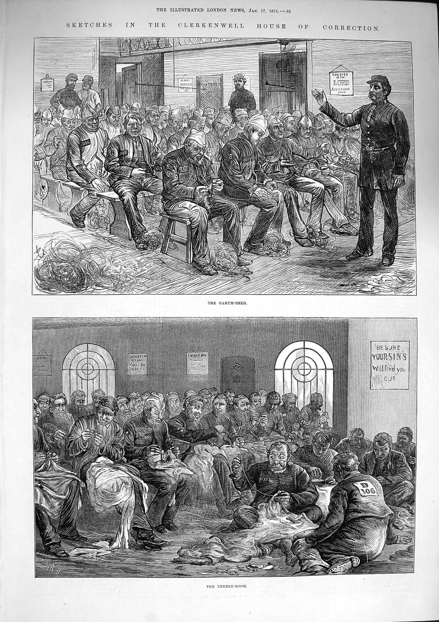 Original Old Antique Print 1874 Clerkenwell House Correction Oakum Shed Needle