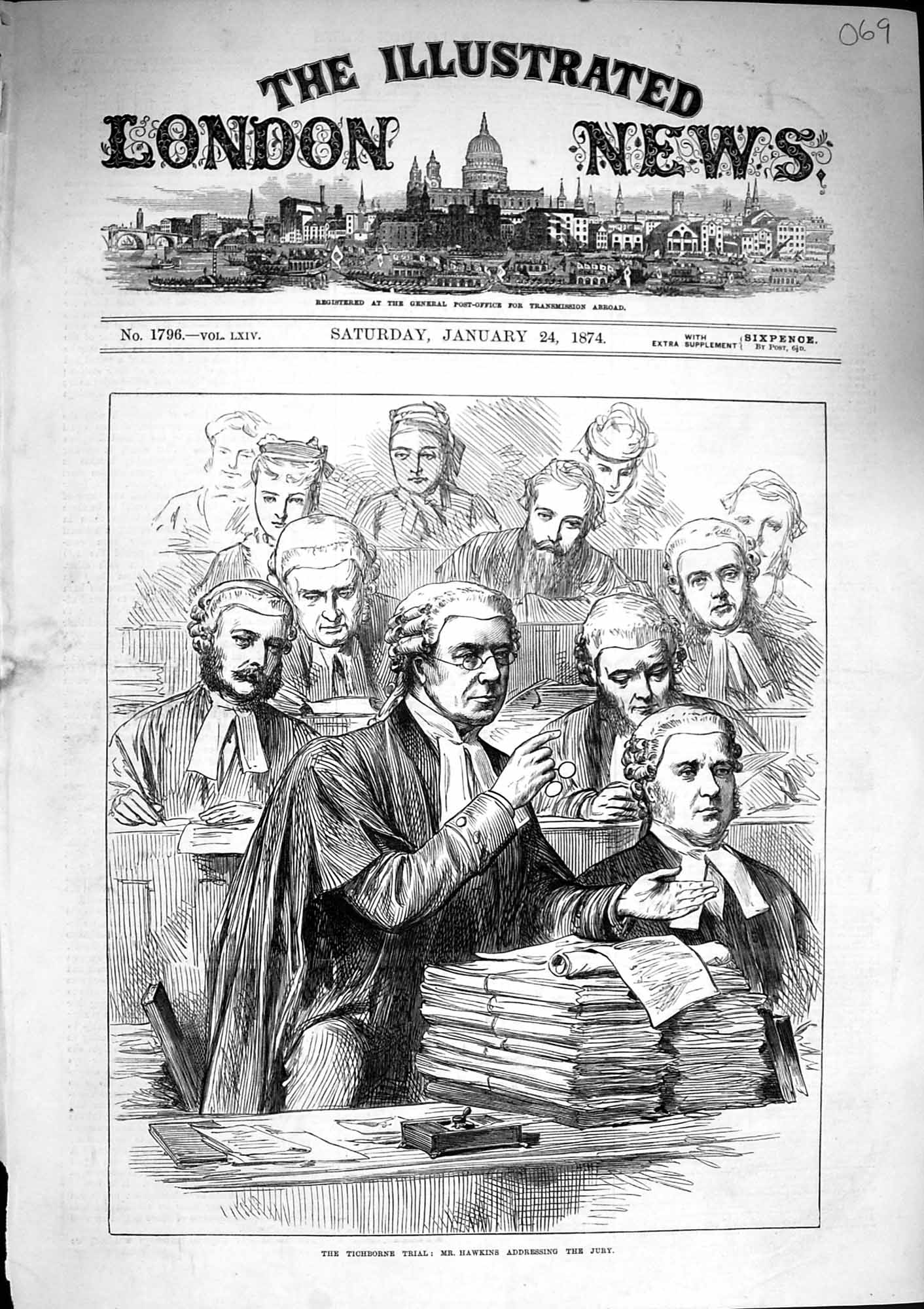Original Old Antique Print 1874 Tichborne Trial Court Hawkins Addressi Victorian