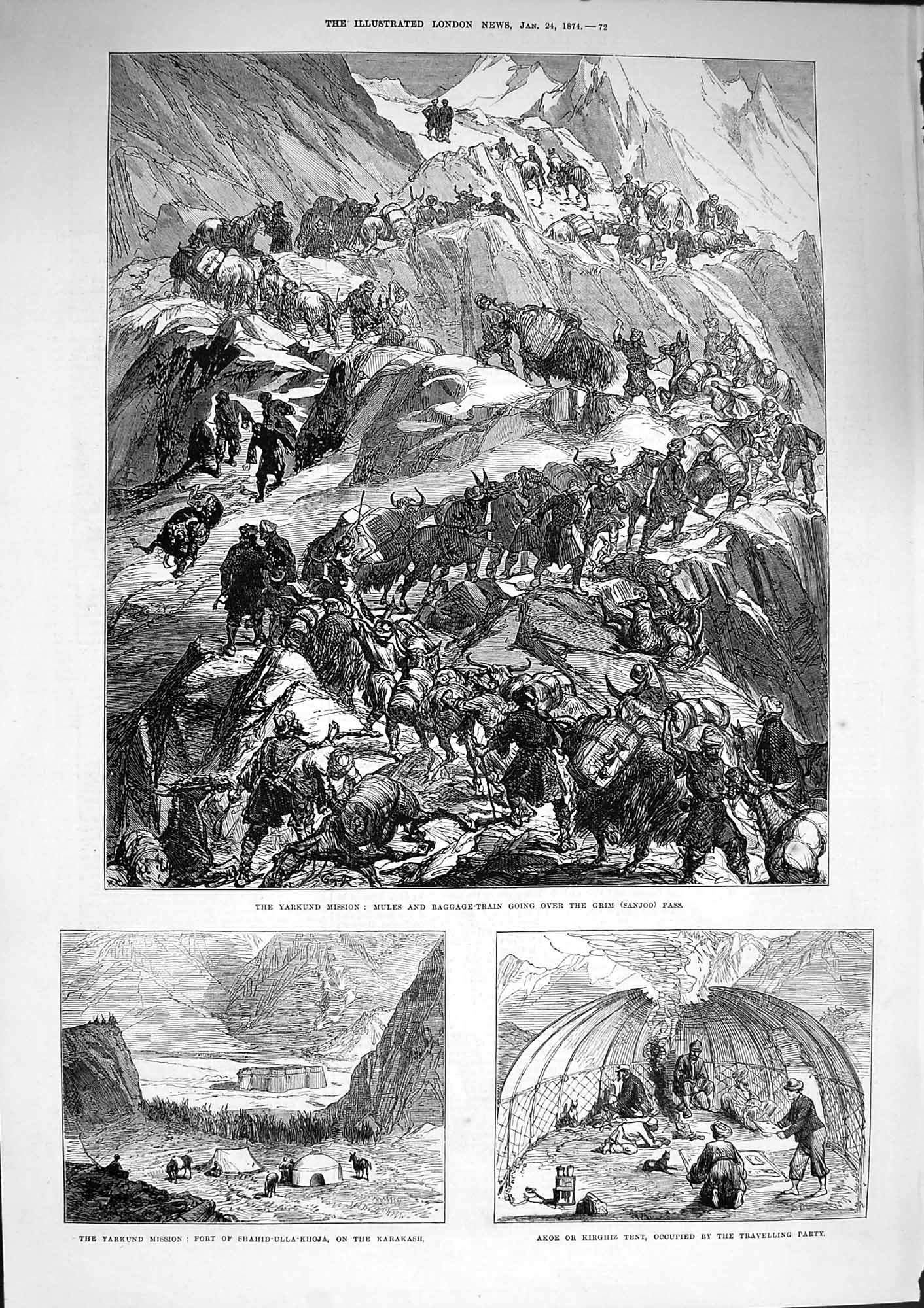 Original Old Antique Print 1874 Yarkund Baggage Train Grim Sanjoo Pass Kirghiz