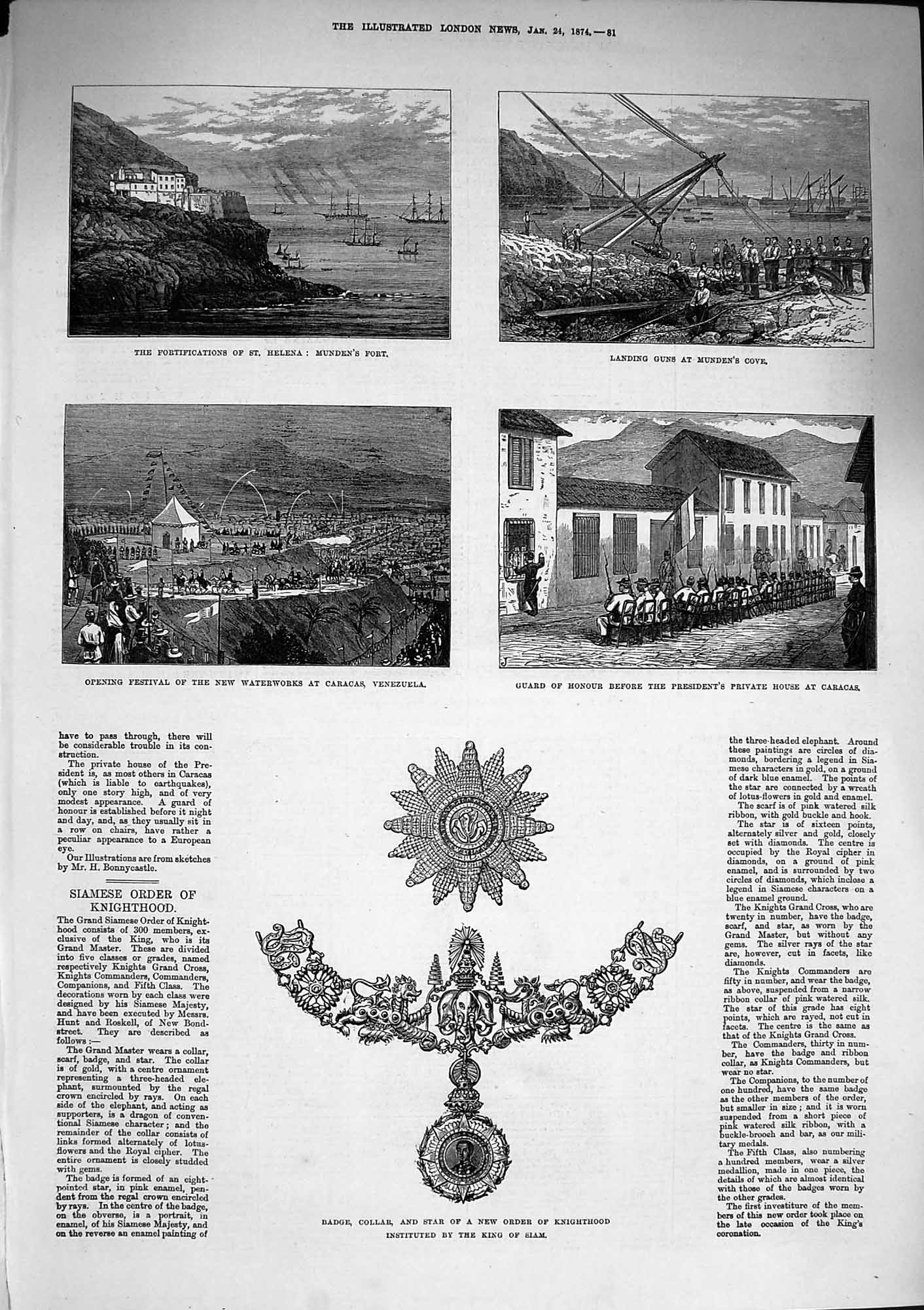 Old Antique Print 1874 Star Order Knighthood Helena Munden Cove Caracas 19th