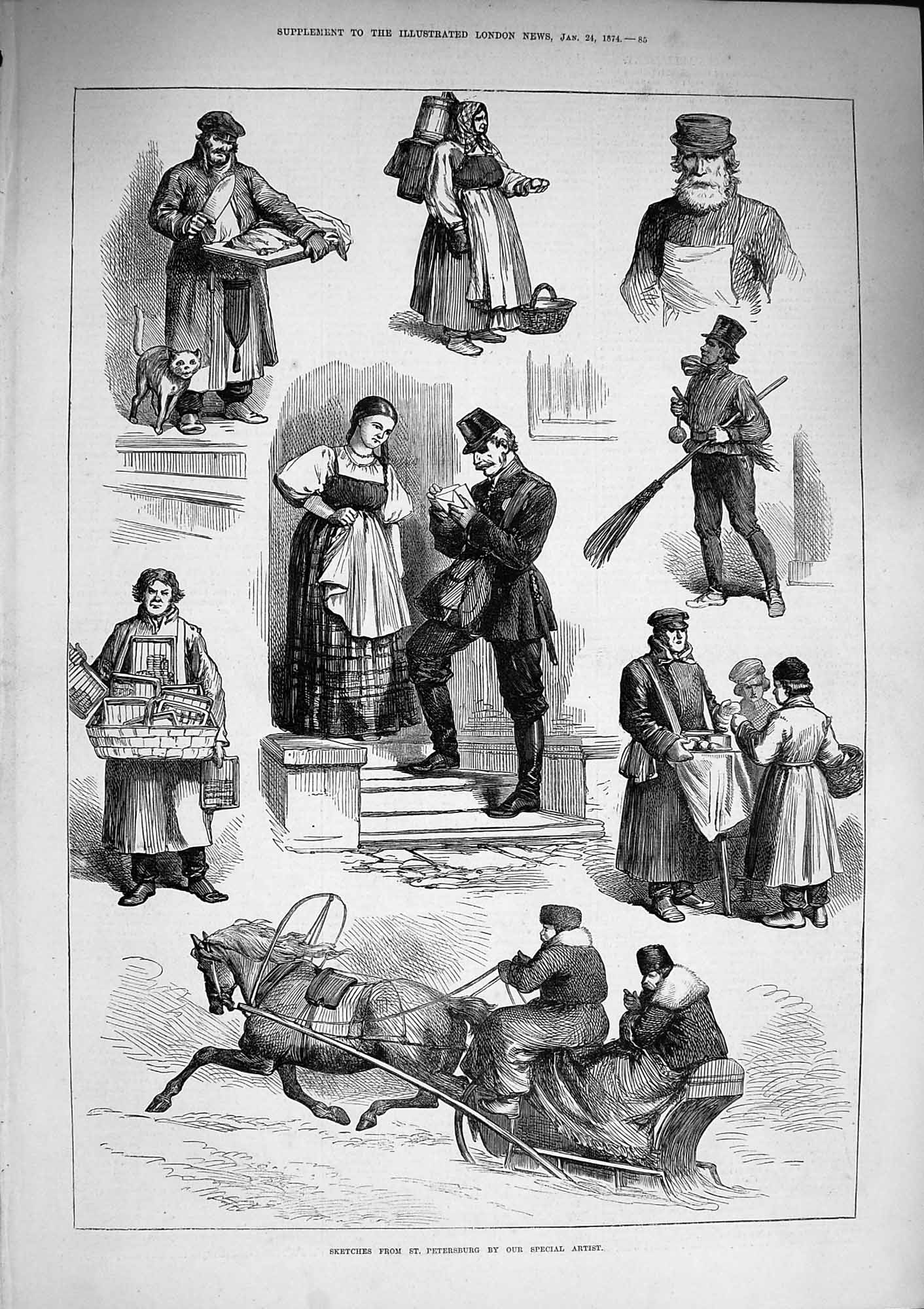 Old Antique Print 1874 St. Petersburg Russia People Horse Sledge Chimney 19th