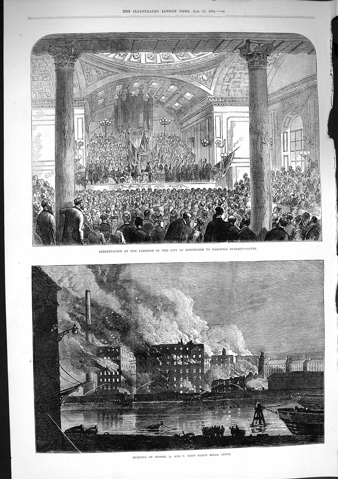 Old Antique Print 1874 Fire Tod Flour Mill Leith Edinburgh Burdett-Coutts 19th