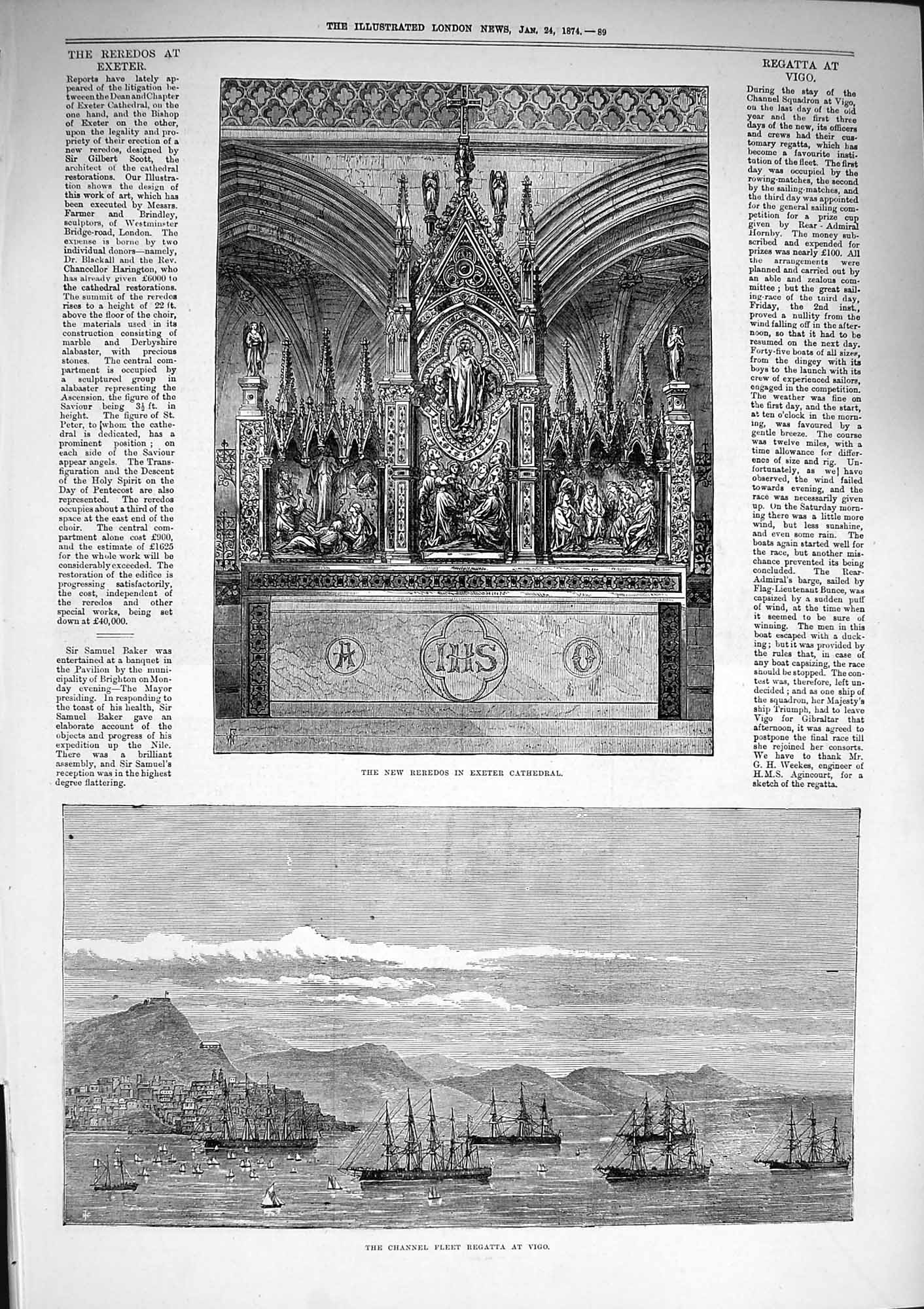 Antique Print *3252 1874 Reredos Exeter Cathedral Channel Fleet Ships Vigo