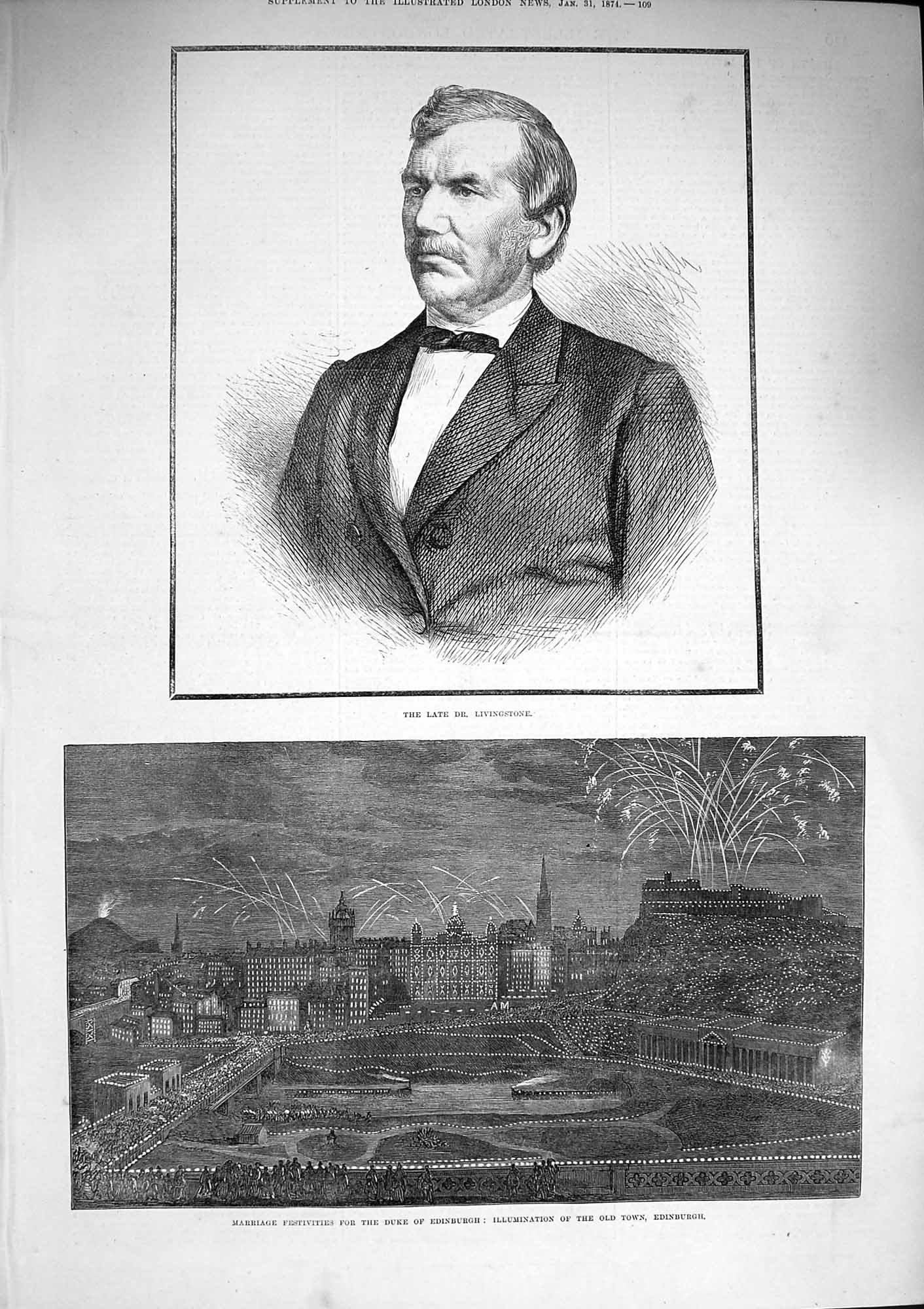 Original Old Antique Print 1874 Livingstone Marriage Duke Edinburgh Castle Town