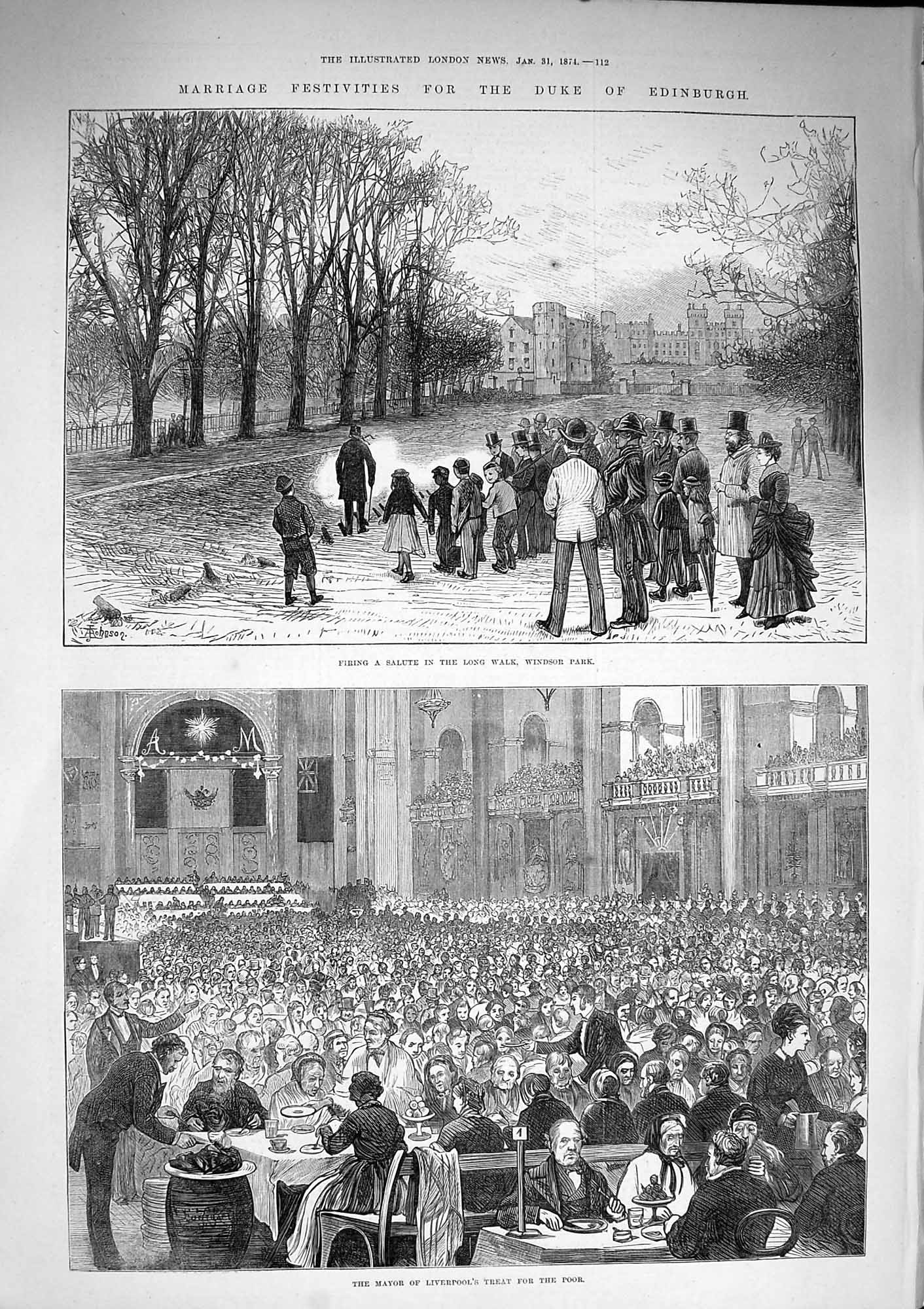 Original Old Antique Print 1874 Marriage Duke Edinburgh Windsor Park Liverpool