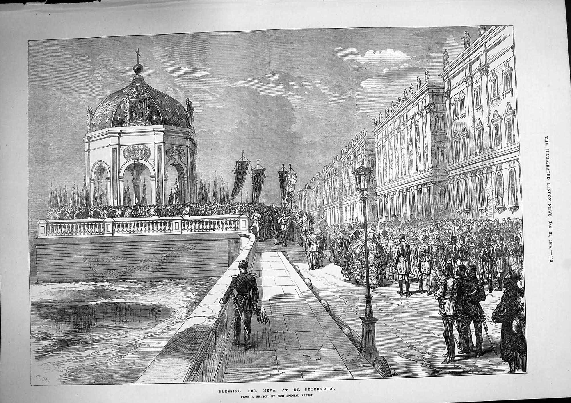 Old Antique Print 1874 Blessing Neva River Bridge St. Petersburg Russia 19th