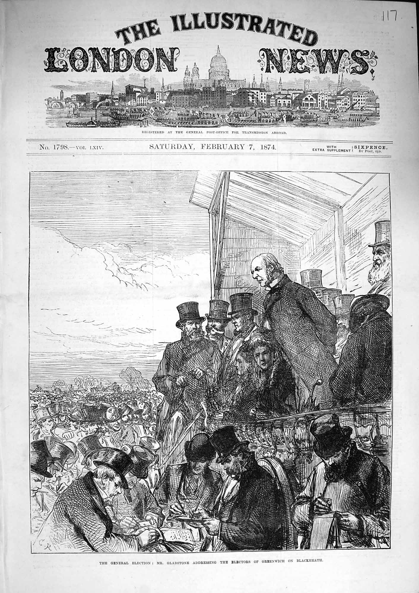 Antique Old Print *3251 1874 General Election Gladstone Greenwich Blackheath
