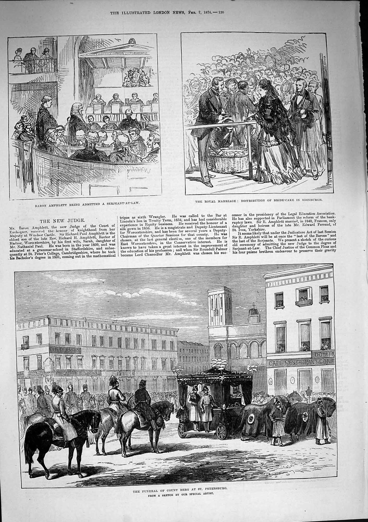 Original Old Antique Print 1874 Baron Amphlett Funeral Count Berg Petersburg