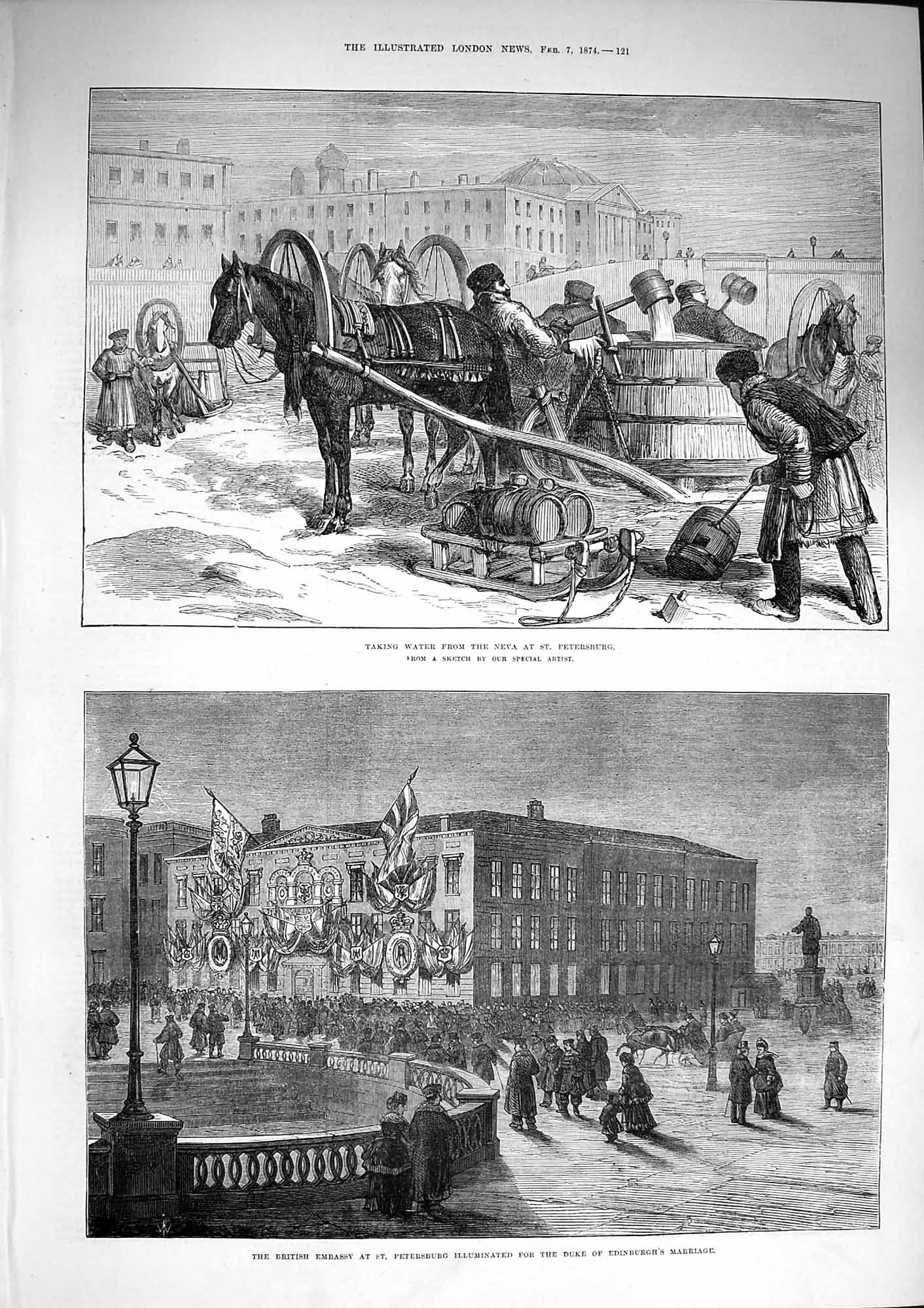 Old Antique Print 1874 British Embassy Petersburg Wedding Water Cart Neva 19th