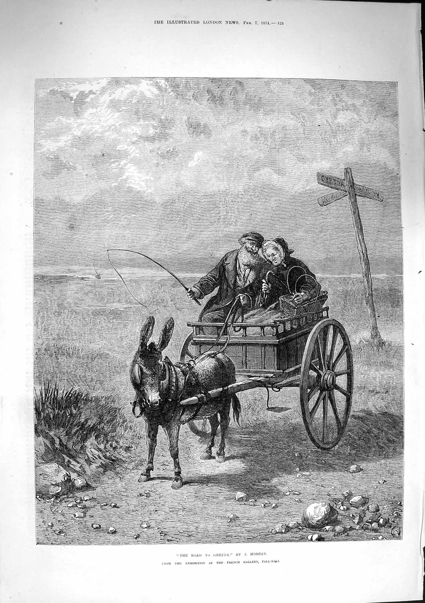 Original Old Antique Print 1874 Donkey Cart Road Gretna Lady Man Romance 19th