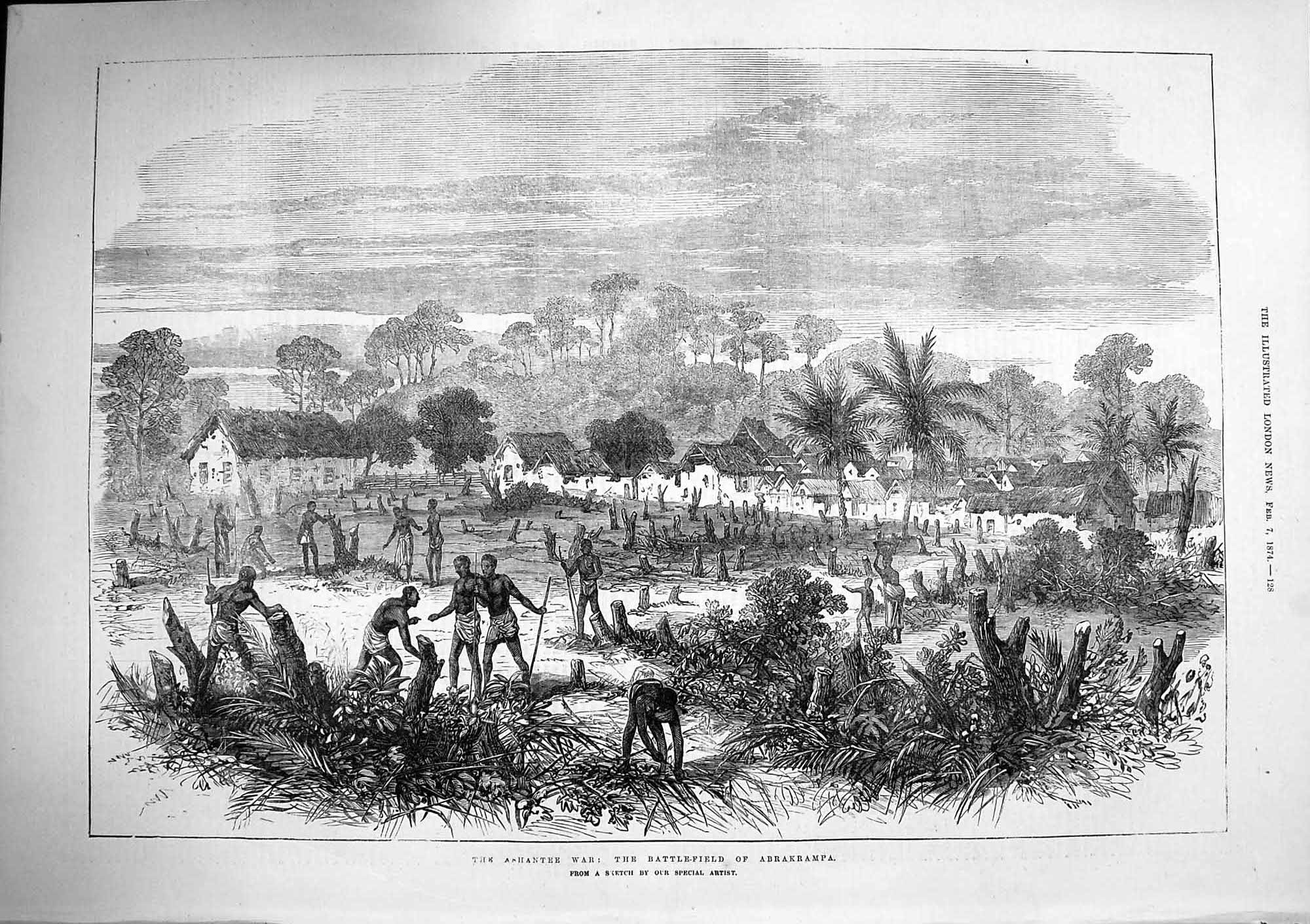 Original Old Antique Print 1874 Ashantee War Battle Field Abrakrampa Natives
