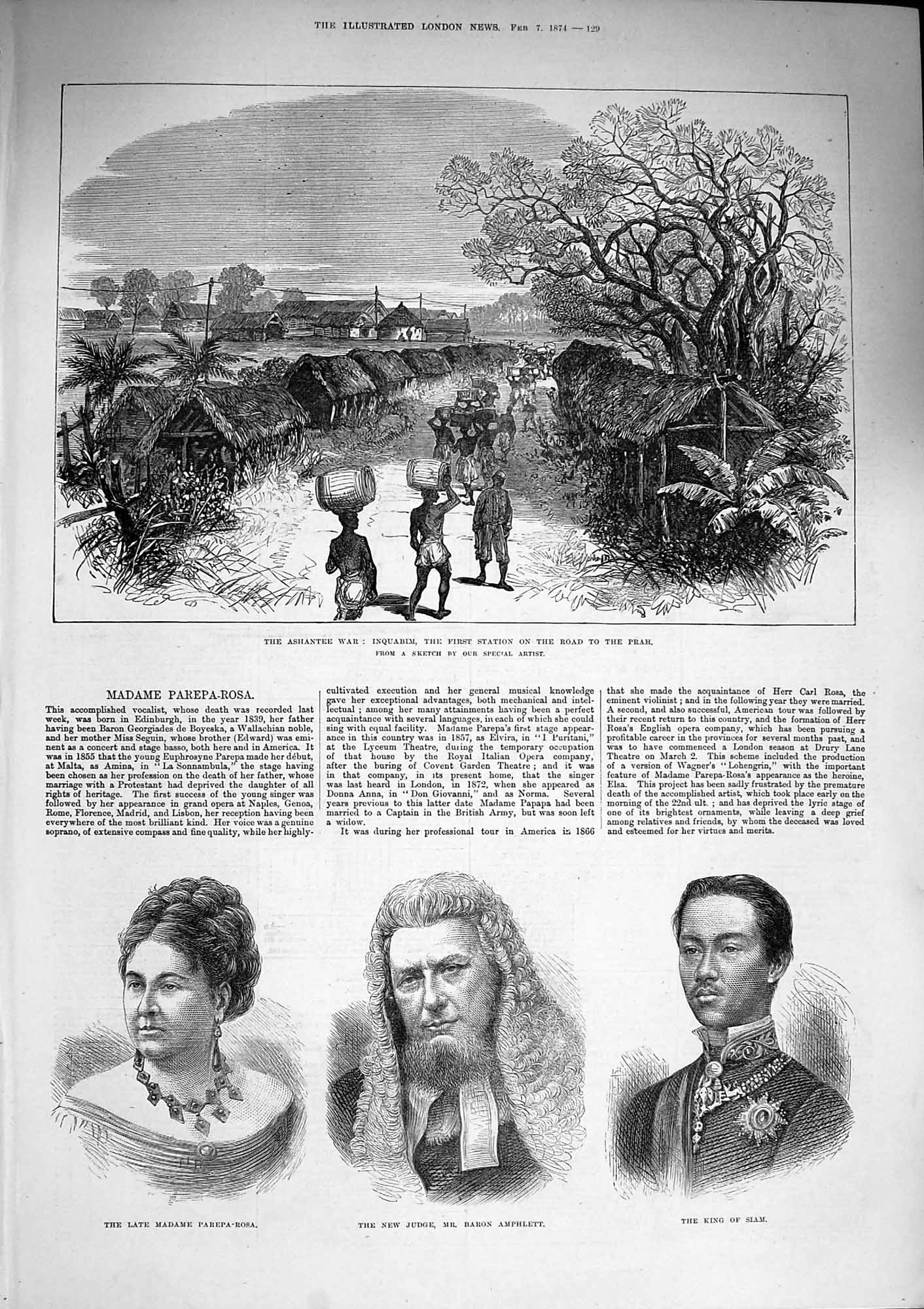 Original Old Antique Print 1874 Ashantee War Inquabim Prah Judge Amphlett King
