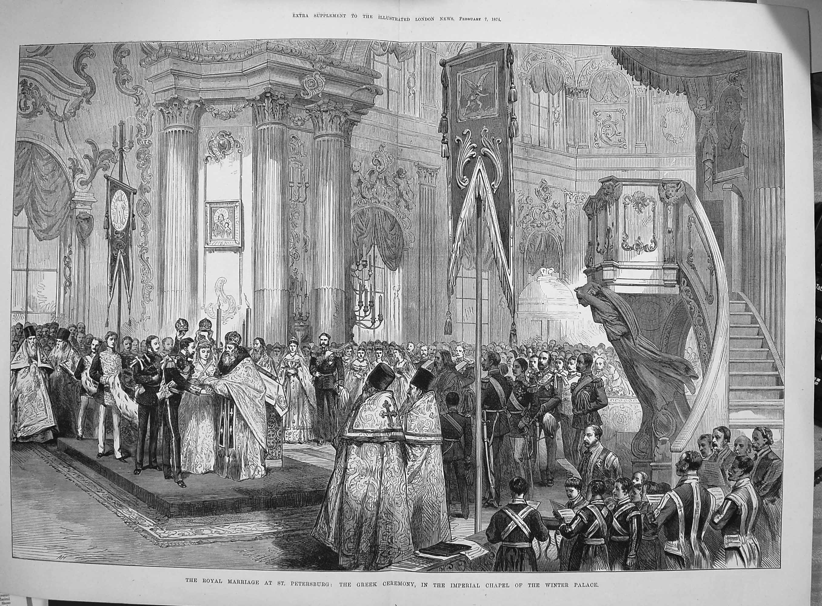 Original Old Antique Print 1874 Royal Wedding Peterburg Greek Ceremony Palace