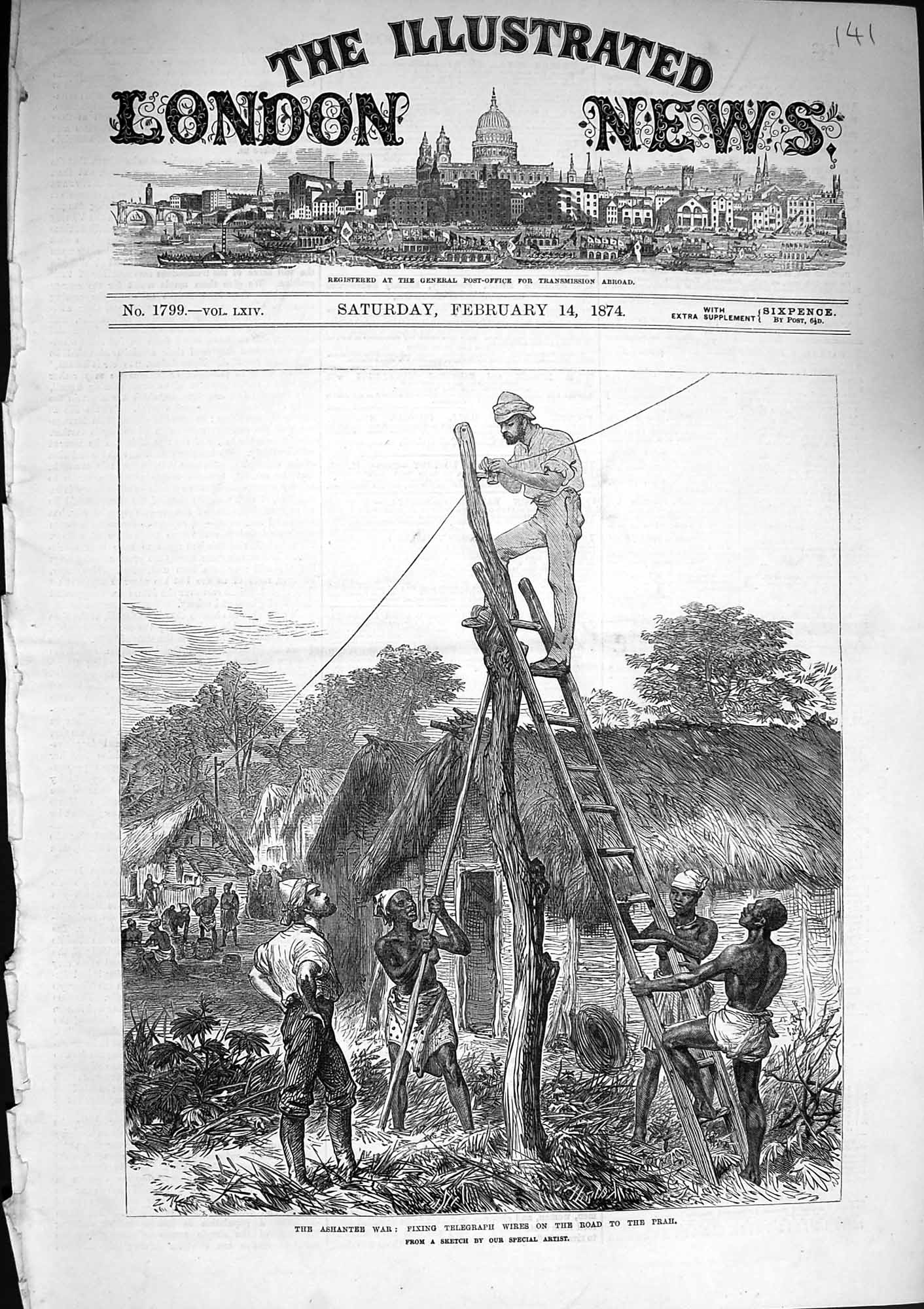 Old Antique Print 1874 Ashantee War Telegraph Wires Prah Natives Africa 19th