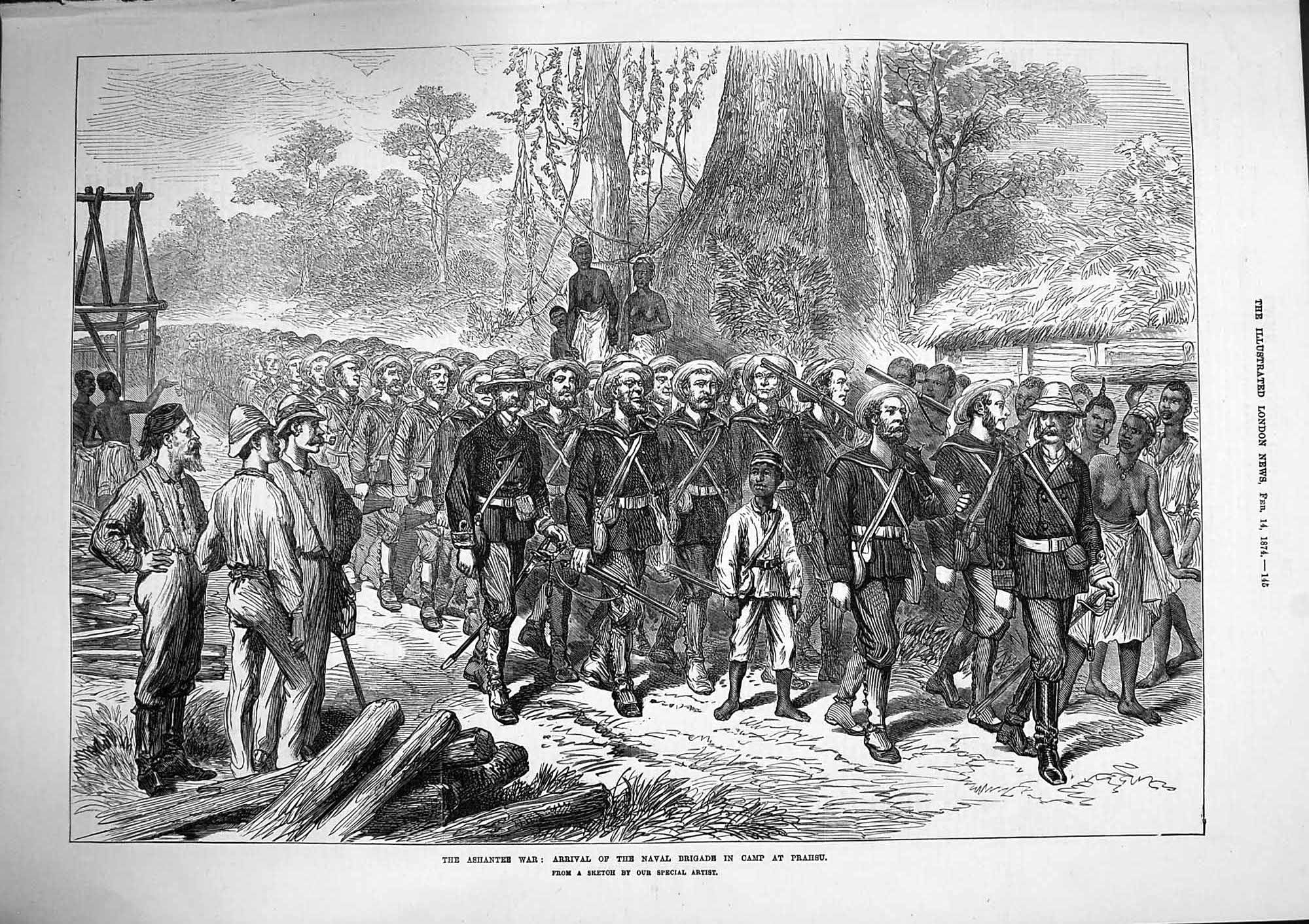 Original Old Antique Print 1874 Ashantee War Arrival Naval Brigade Camp Prahsu