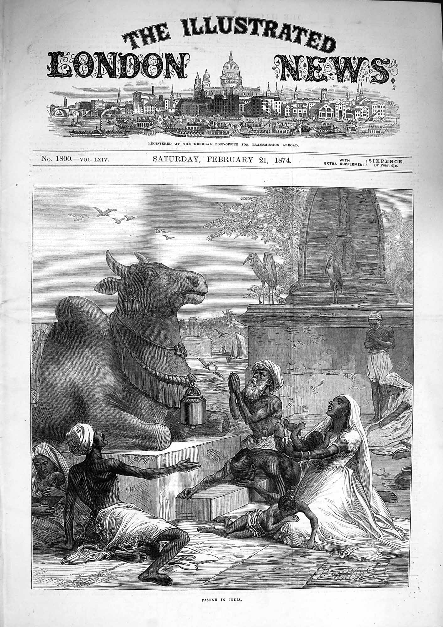 Original Old Antique Print 1874 Famine India Starving People Praying Statue