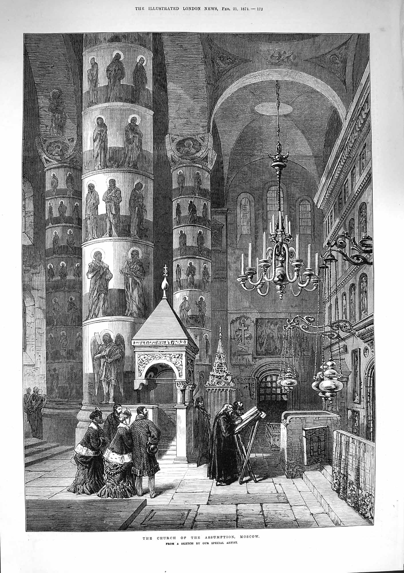 Original Old Antique Print 1874 Interior Church Assumption Moscow Architecture