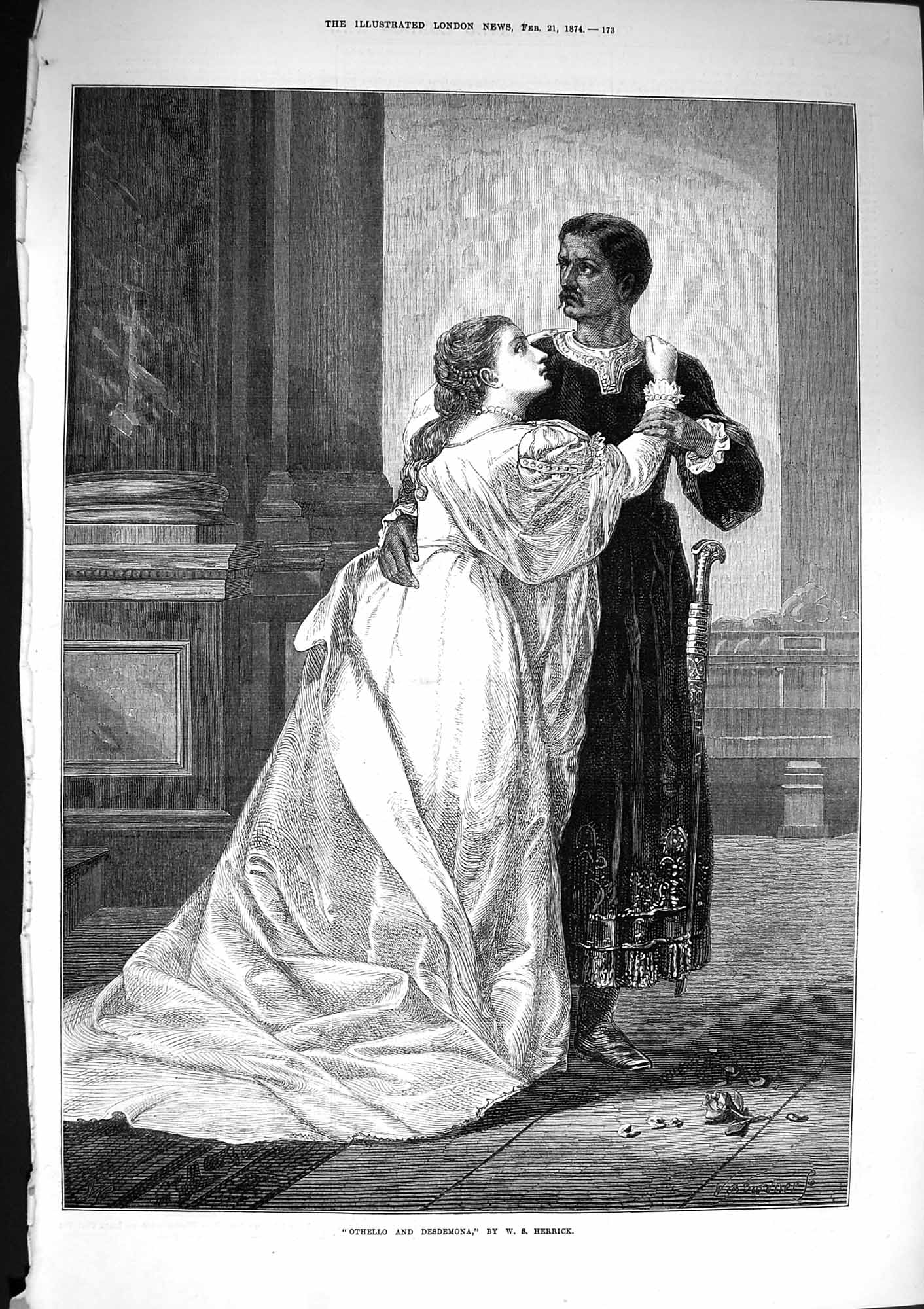 Original Old Antique Print 1874 Romance Othello Desdemona Man Lady Theatre 19th