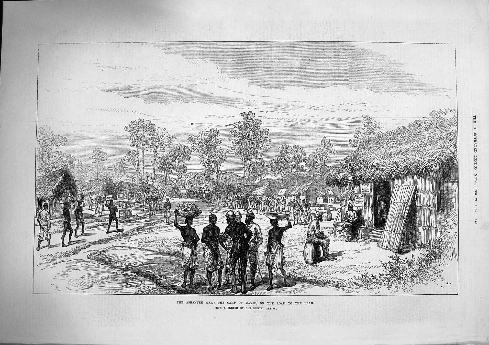 Original Old Antique Print 1874 Ashantee War Camp Mansu Road Prah Natives 19th