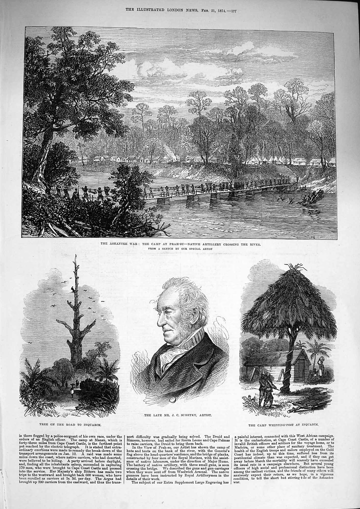 Old Antique Print 1874 Ashantee War Prah-Su River Schetky Inquabim Tree 19th