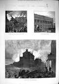 Original Old Antique Print 1874 Fire Pantechnicon Building Motcomb Stre 19th
