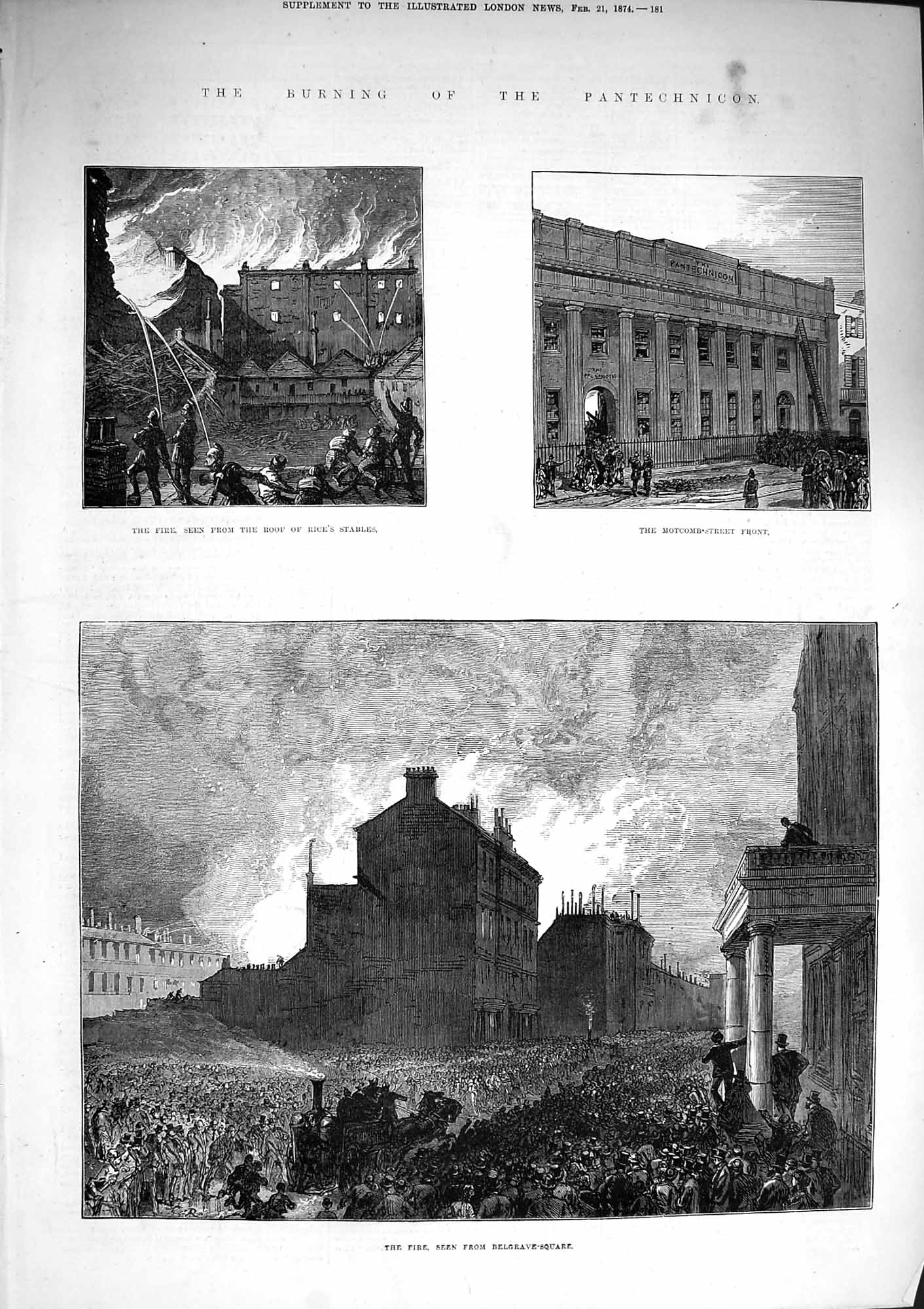 Original Old Antique Print 1874 Fire Pantechnicon Building Motcomb Stre 19th