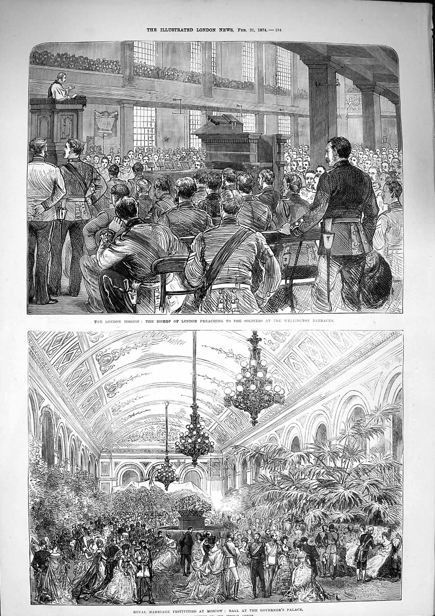 Original Old Antique Print 1874 Bishop London Siers Wellington Barracks Moscow