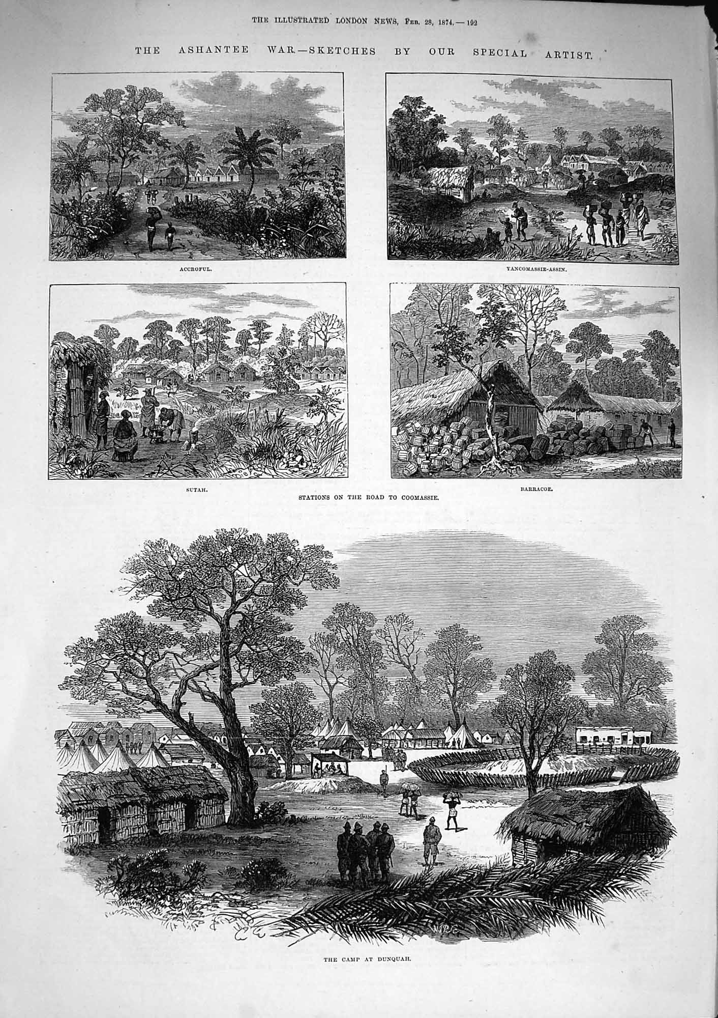 Original Old Antique Print 1874 Ashantee War Camp Dunquah Coomassie Prah-Su
