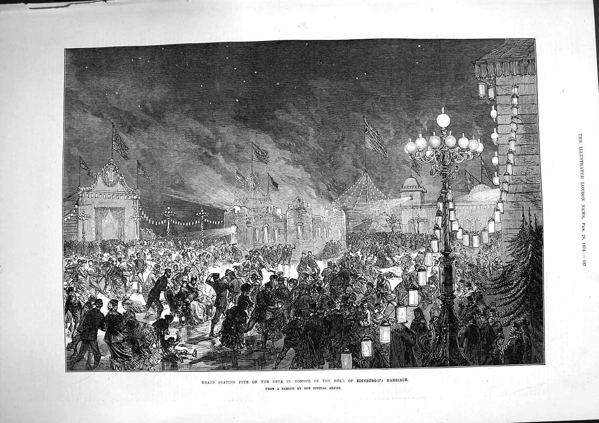 Original Old Antique Print 1874 Grand Skating Fete Neva Duke Edinburgh Marriage