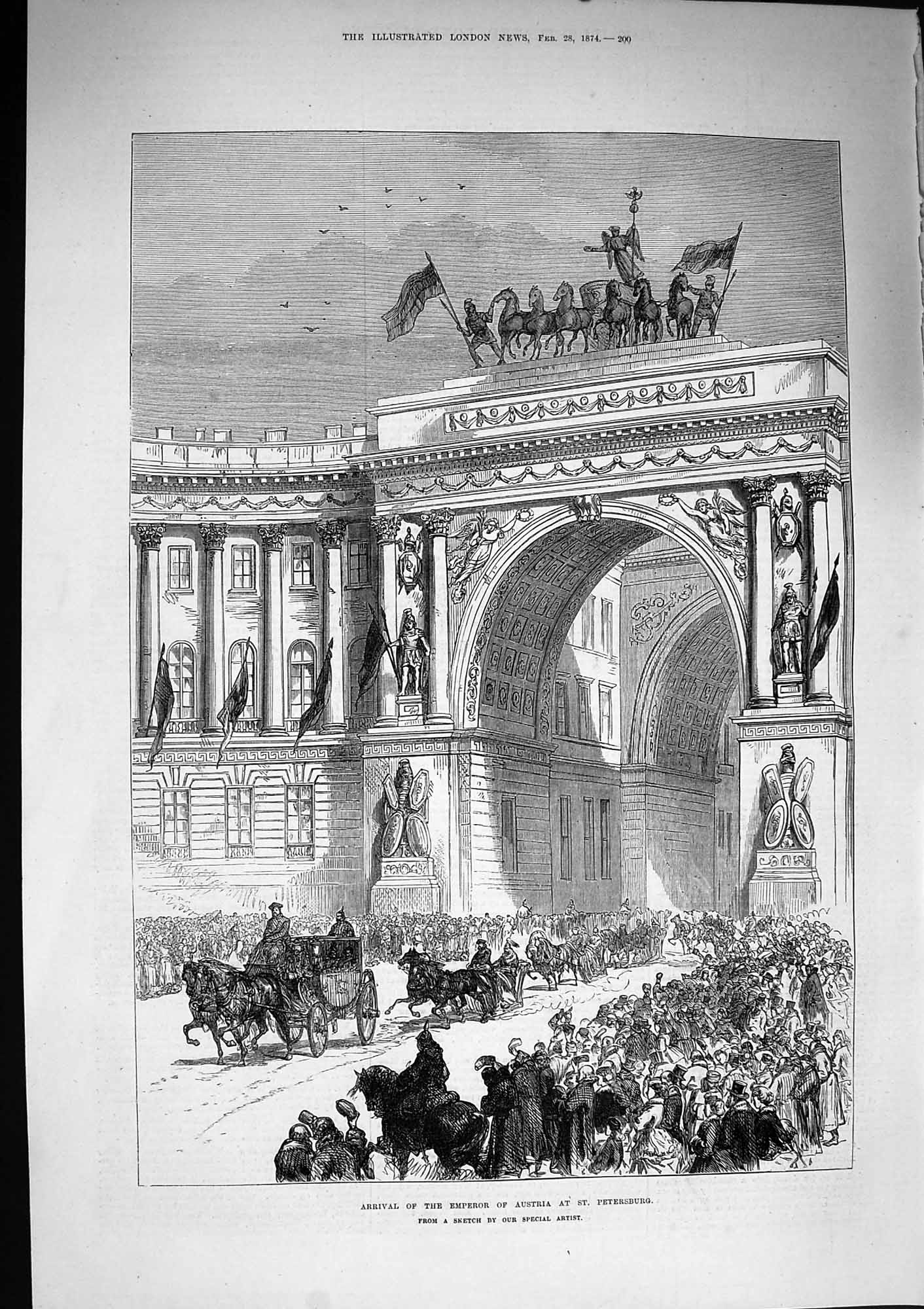 Original Old Antique Print 1874 Arrival Emperor Austria St. Petersburg Russia