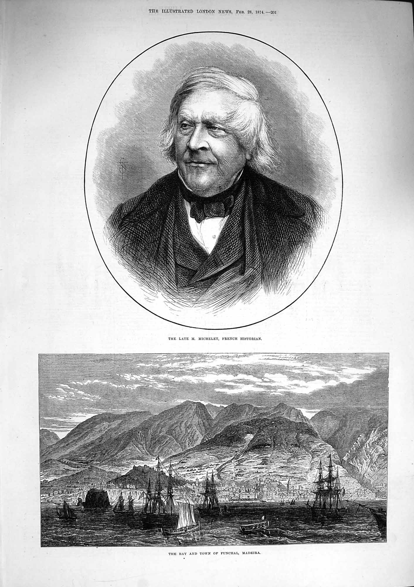 Original Old Antique Print 1874 Michelet French Historian Funchal Madeira Ships
