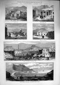Original Old Antique Print 1874 Carthagena Madrid Gate Kebir Oran Atalaya Ships