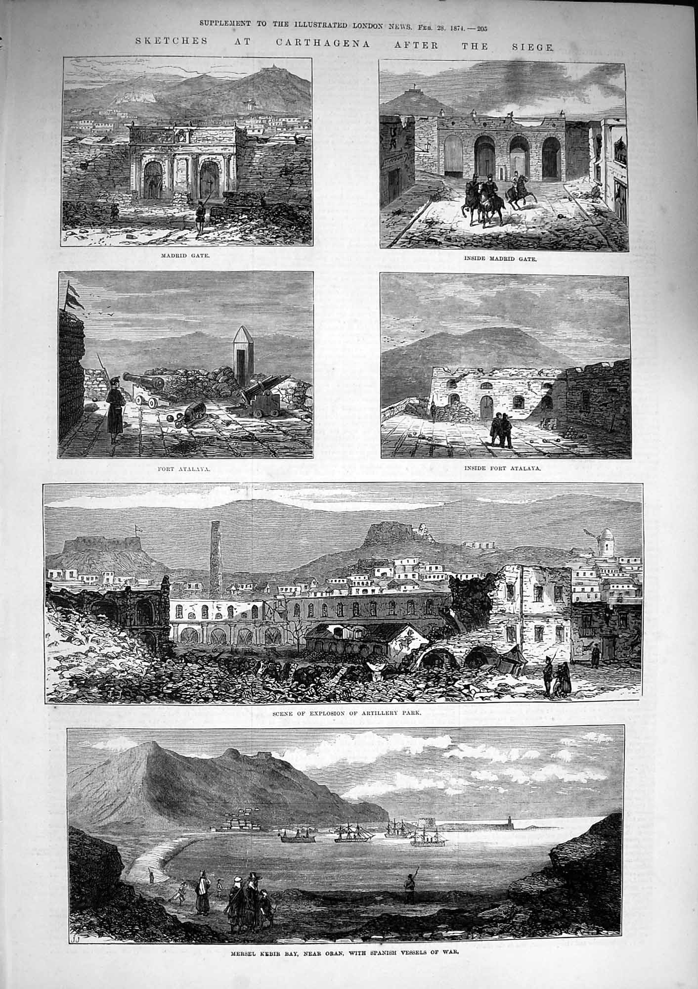 Original Old Antique Print 1874 Carthagena Madrid Gate Kebir Oran Atalaya Ships