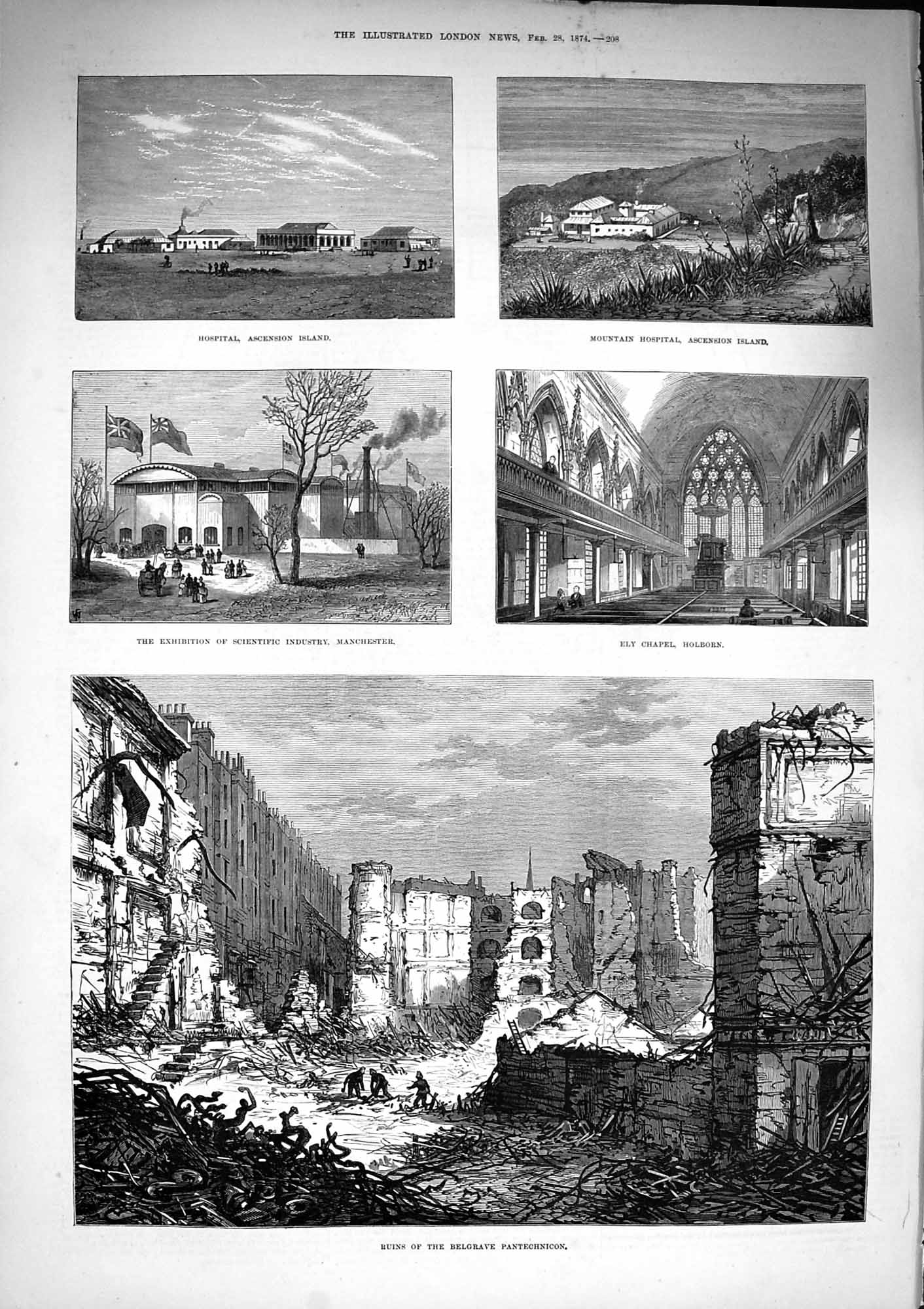 Old Antique Print 1874 Belgrave Pantechnicon Hospital Aschension Holborn 19th