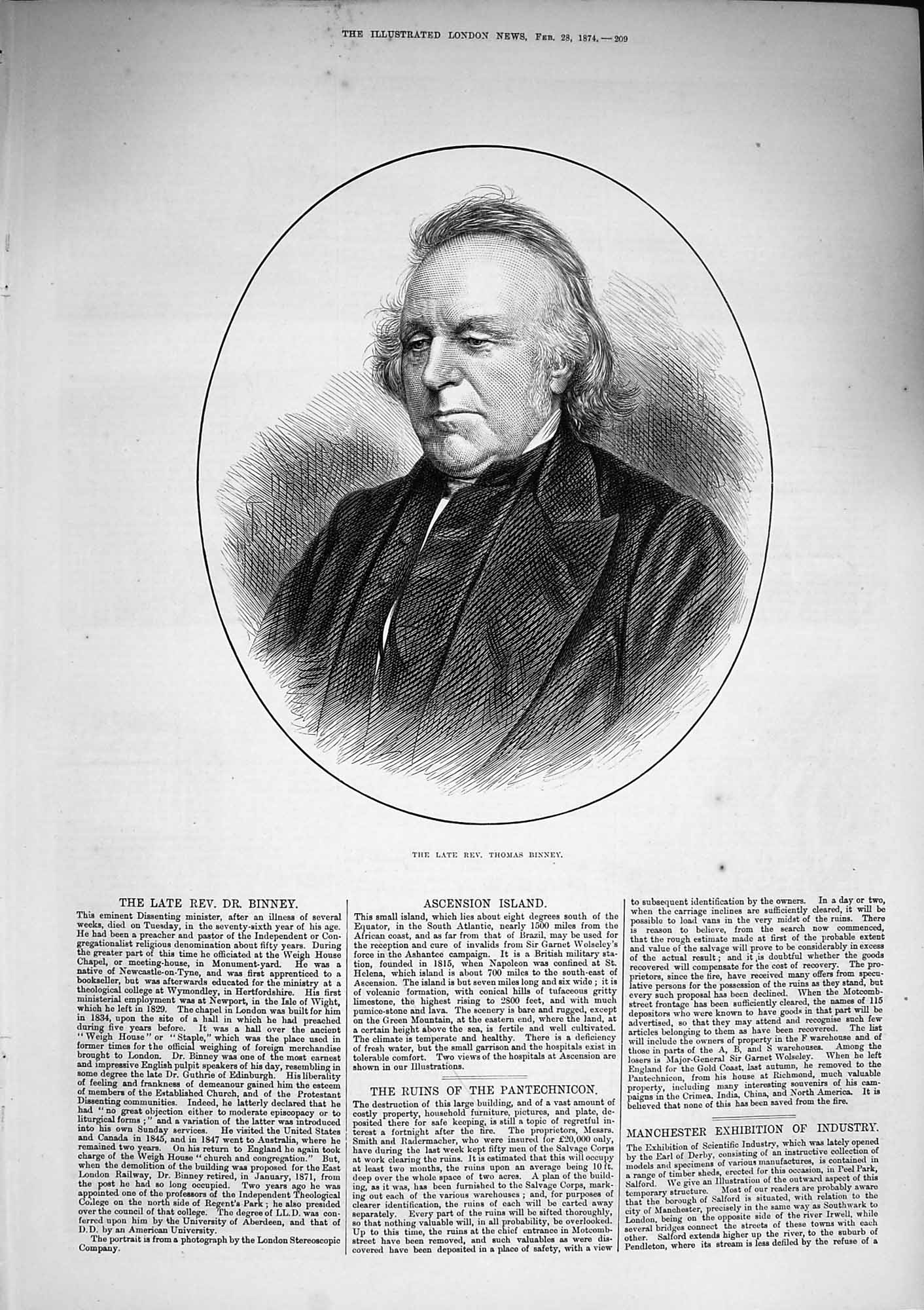 Original Old Antique Print 1874 Portrait Rev. Thomas Binney Ne 19th