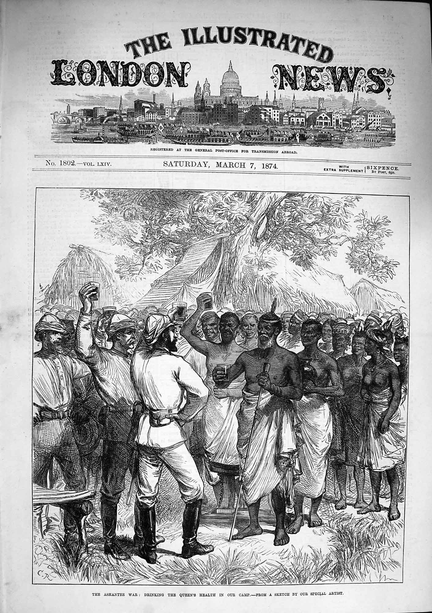 Original Old Antique Print 1874 Ashantee War Natives Drinking Queen'S Health