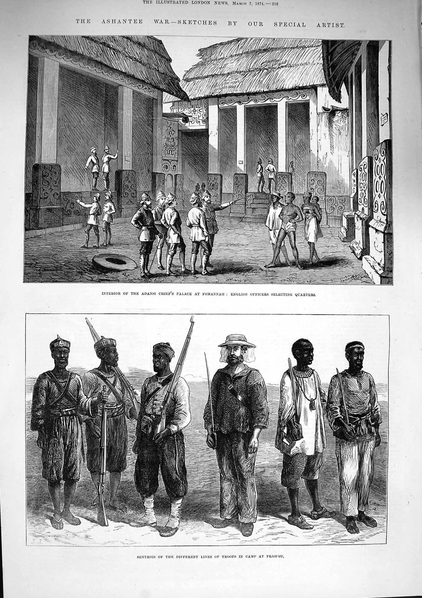Old Antique Print 1874 Ashantee War Prah-Su Palace Fomannah Naval Brigade 19th