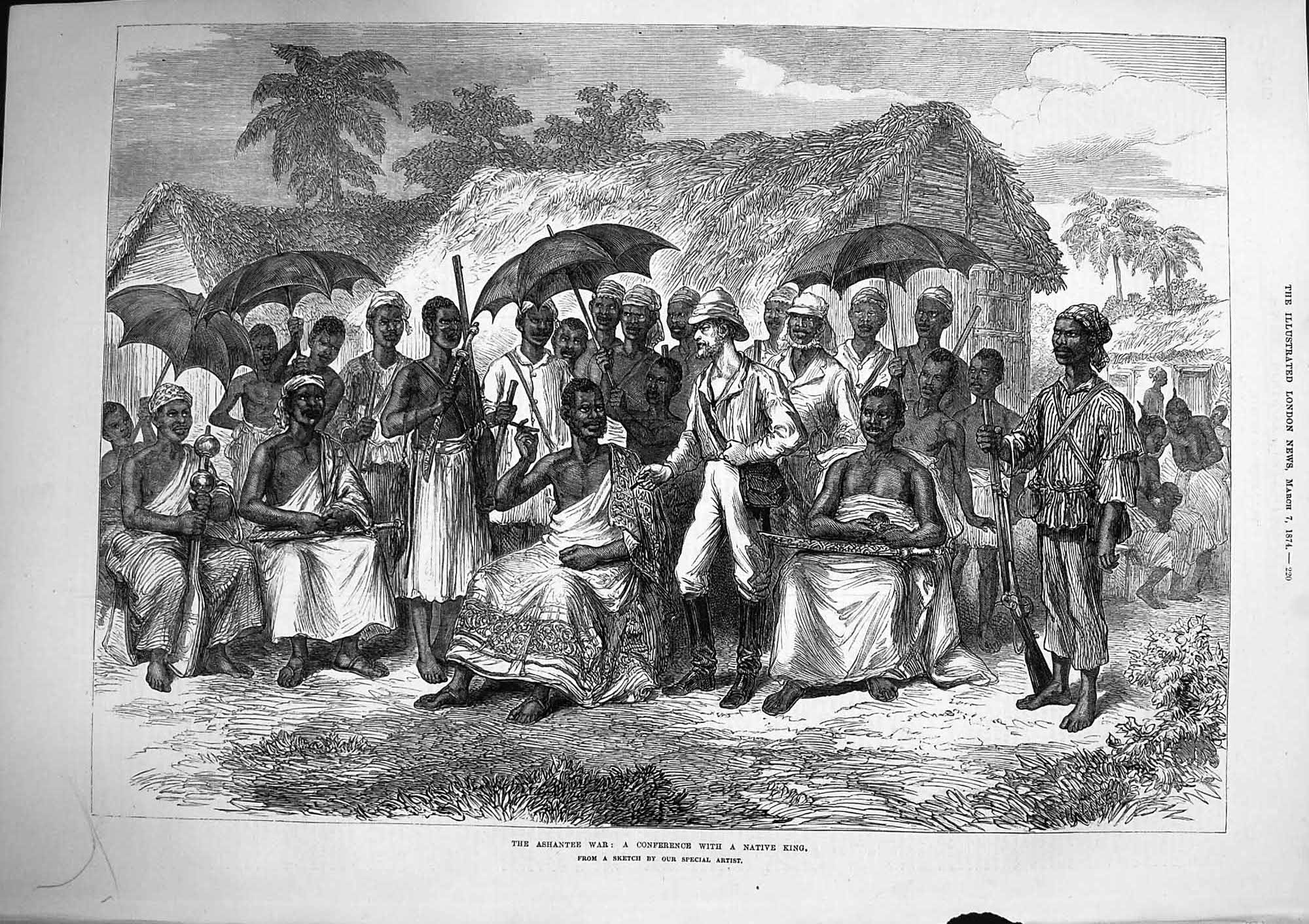 Original Old Antique Print 1874 Ashantee War Native King Making Road Coomassie