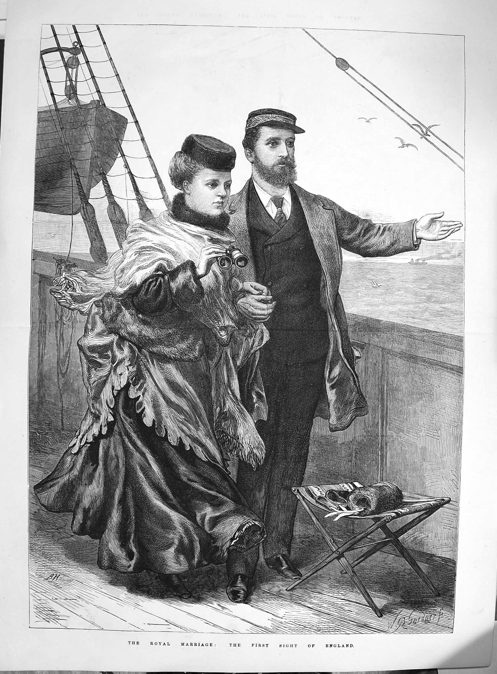 Original Old Antique Print 1874 Royal Wedding Ship Deck England Fine Art 19th