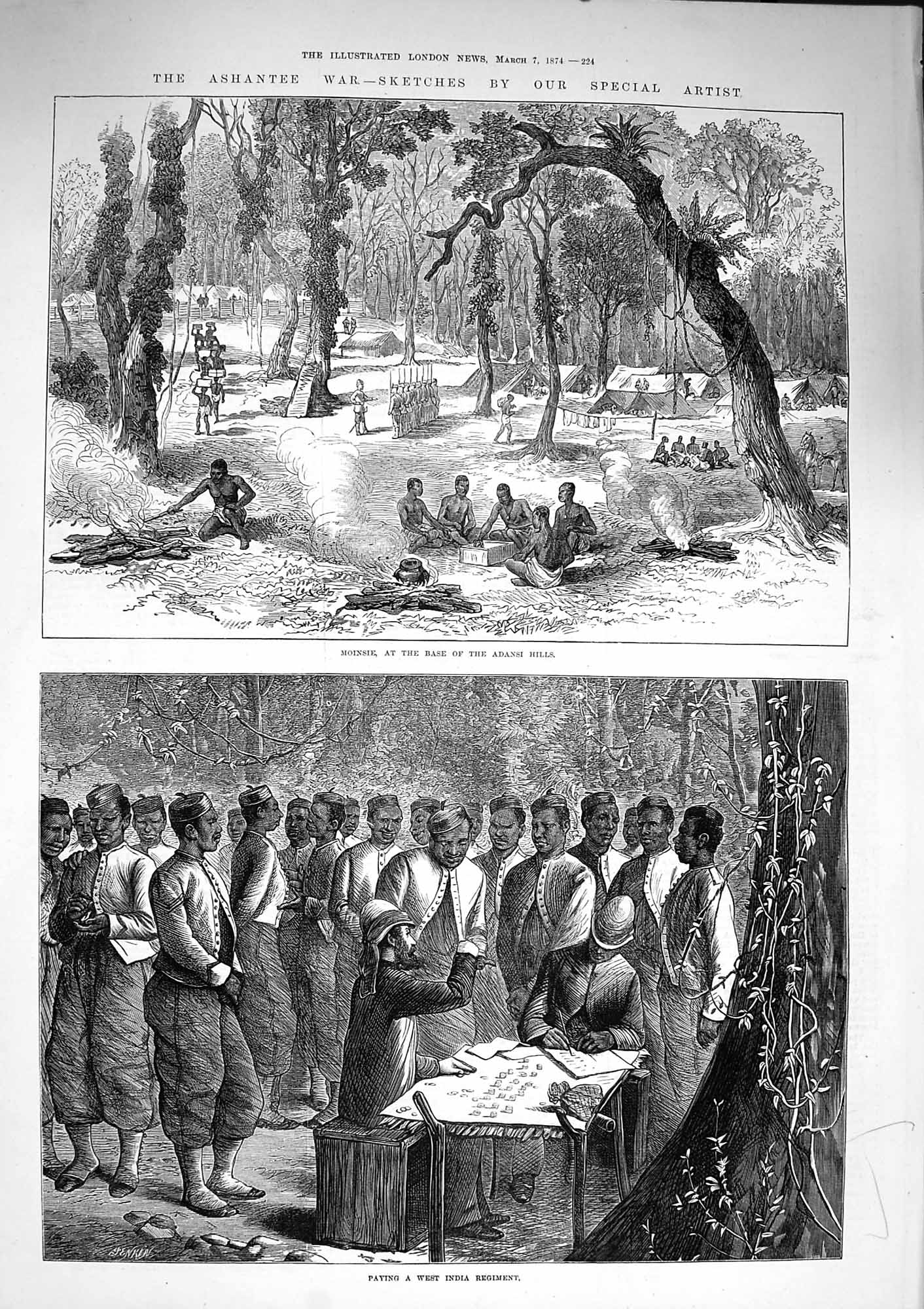 Original Old Antique Print 1874 Ashantee War Moinsie Adansi West Indi Victorian