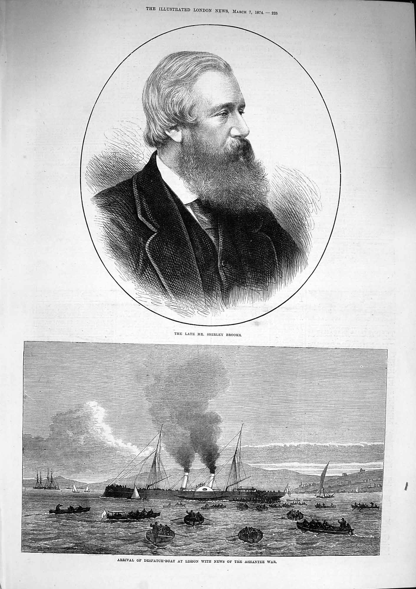 Old Antique Print 1874 Shirley Brooks Despatch Boat Ship Lisbon Ashantee 19th