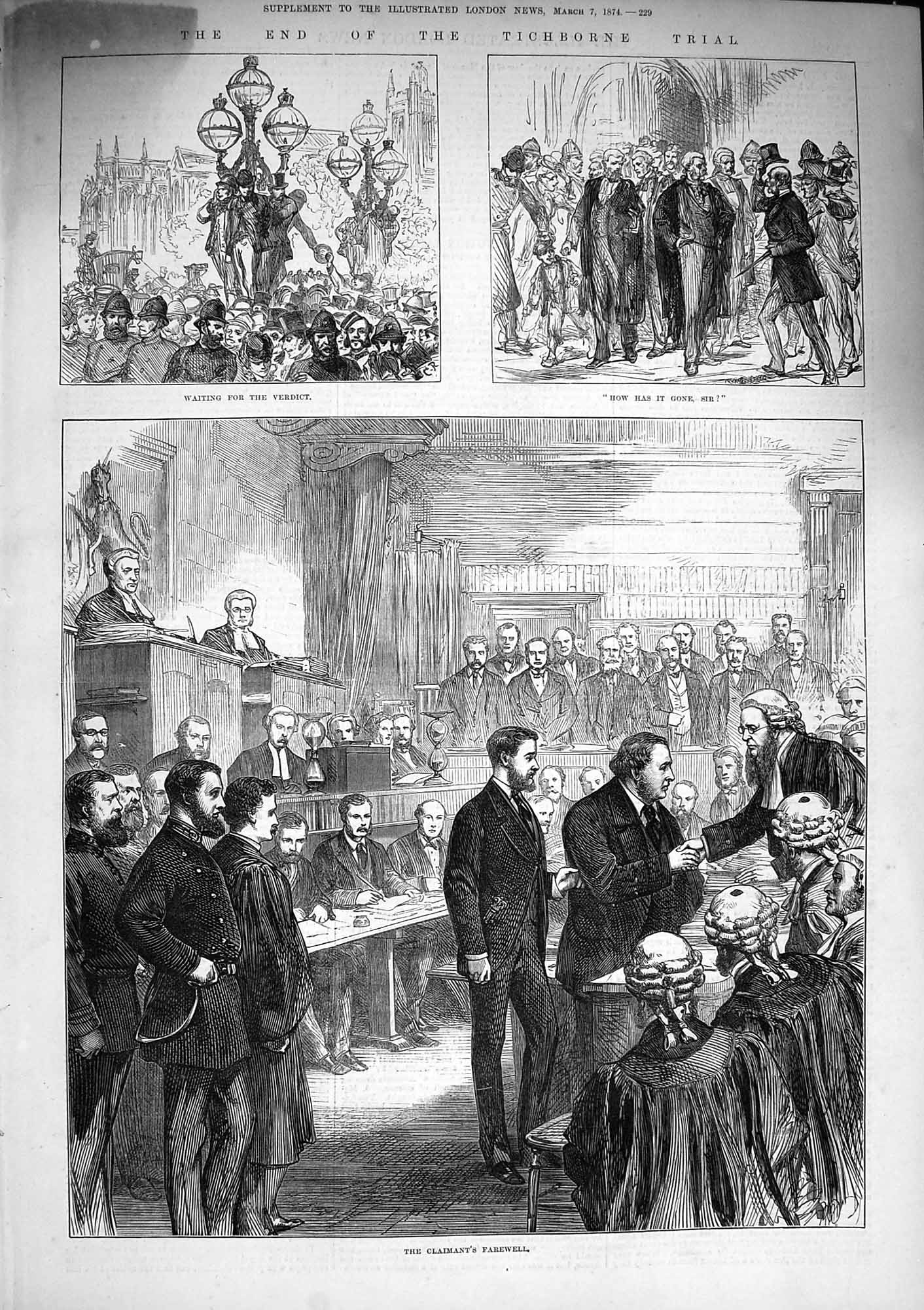 Original Old Antique Print 1874 Tichborne Trial Claimant Court Judge Jur 19th