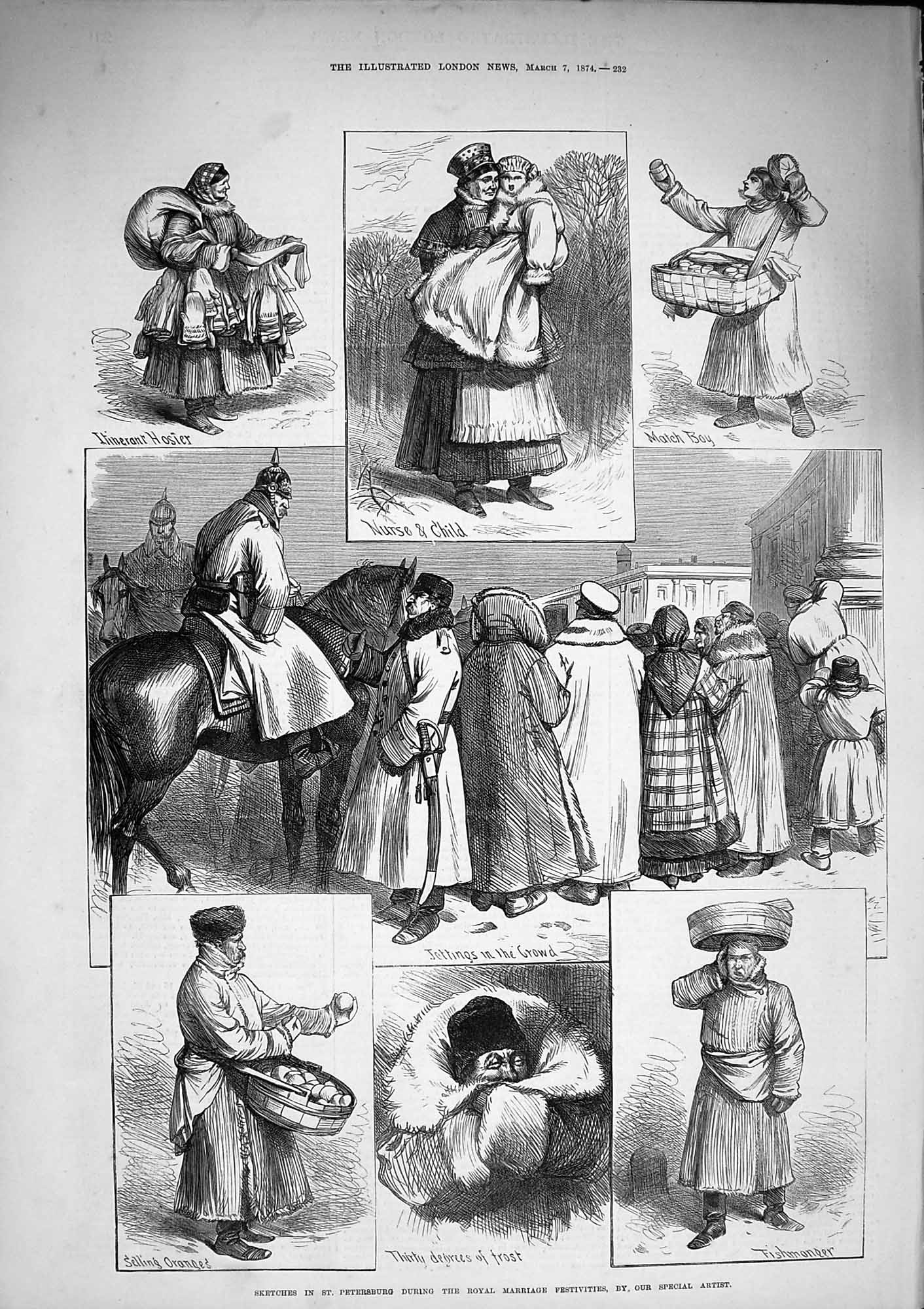 Original Old Antique Print 1874 St. Petersburg Royal Wedding Festivities Guards