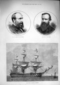 Original Old Antique Print 1874 Palmer Burt Morpeth Flag Ship Duncan Sheerness