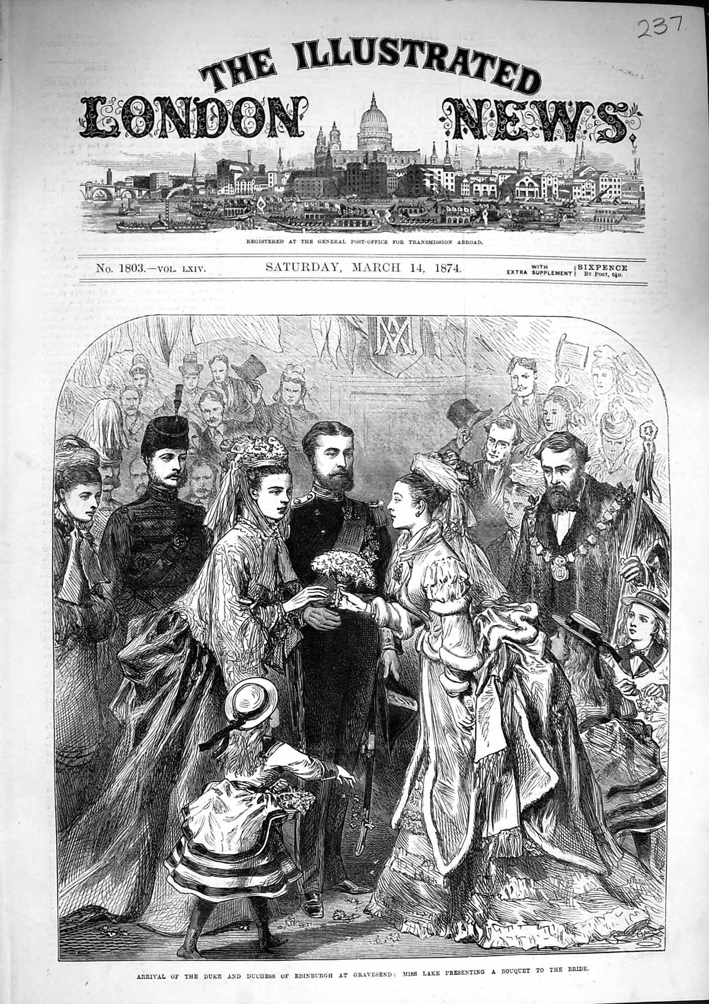 Old Antique Print 1874 Duke Duchess Edinburgh Gravesend Miss Lake Flowers 19th