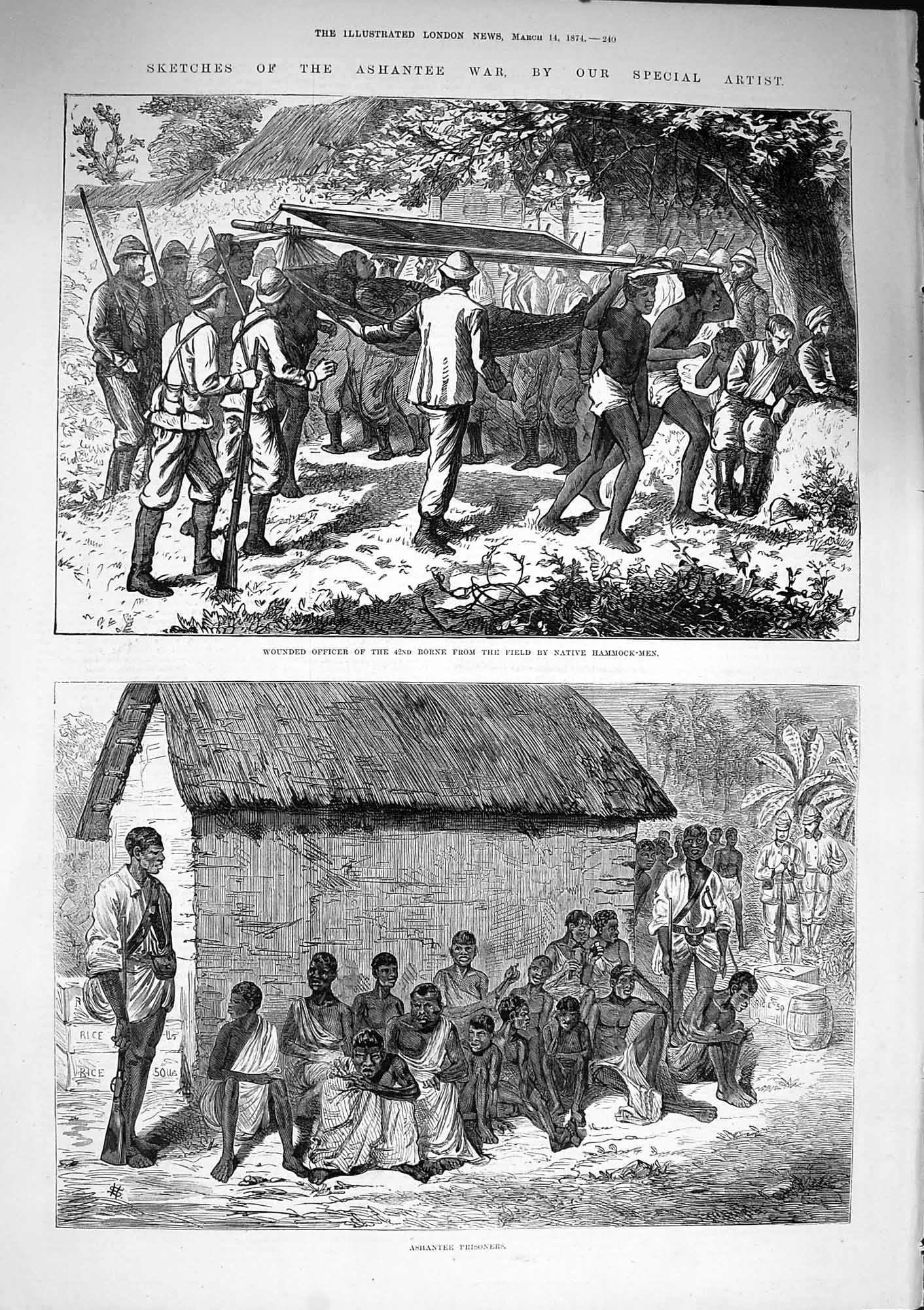 Original Old Antique Print 1874 Ashantee War Native Hammock Men Prisoners 19th