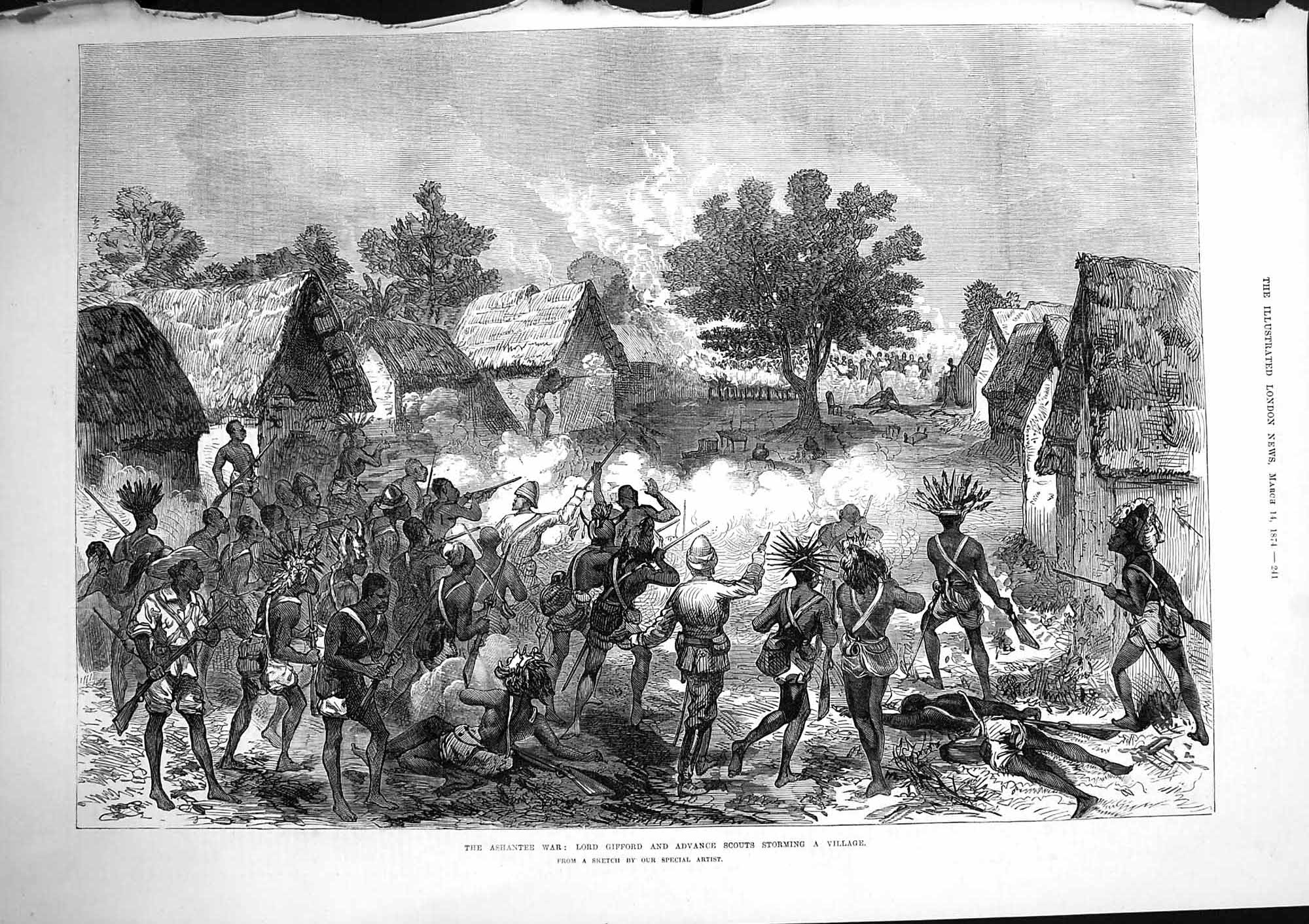 Original Old Antique Print 1874 Ashantee War Lord Gifford Advance Scouts Battle
