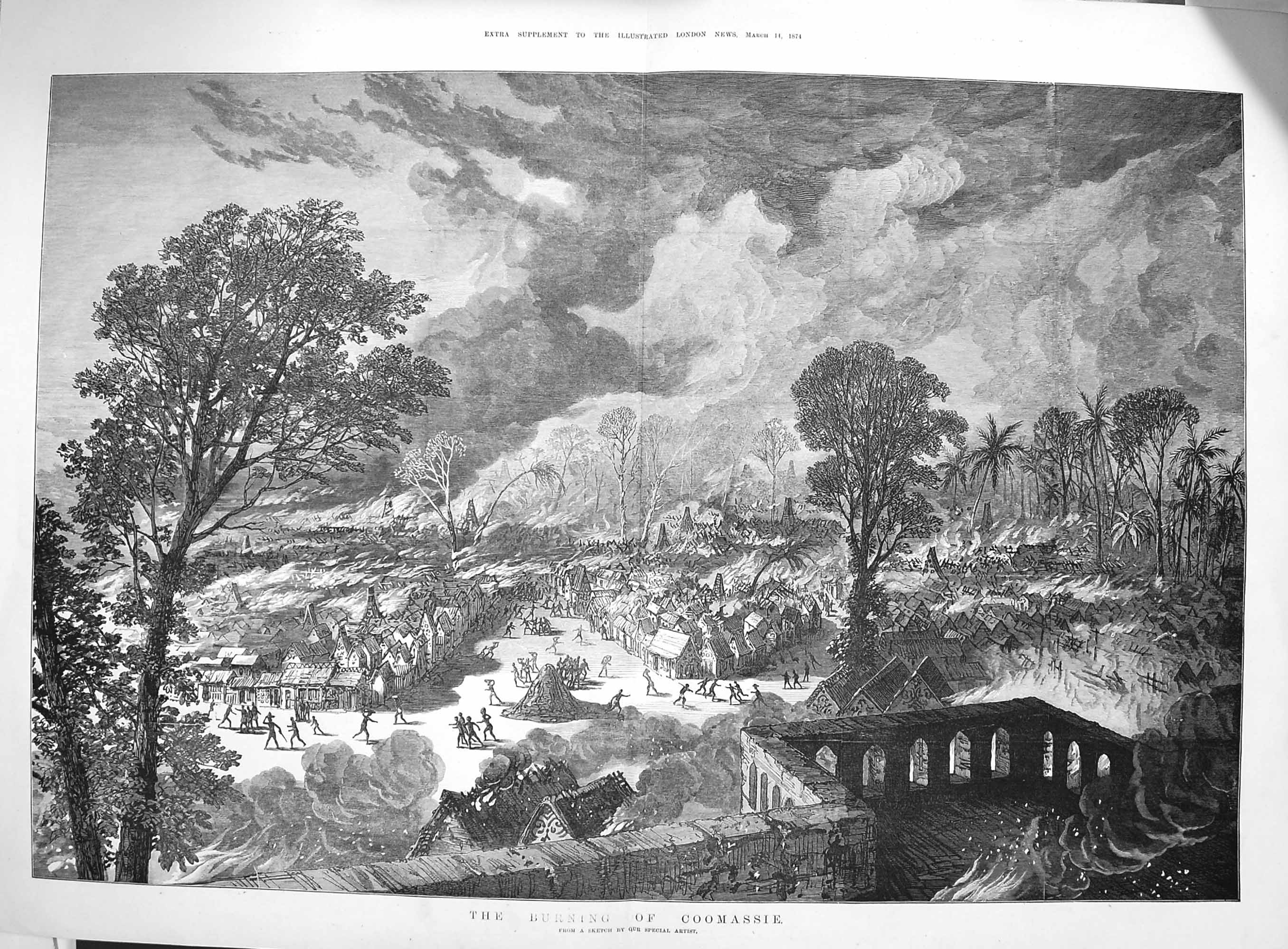Original Old Antique Print 1874 Burning Coomassie Fire Houses Building Africa