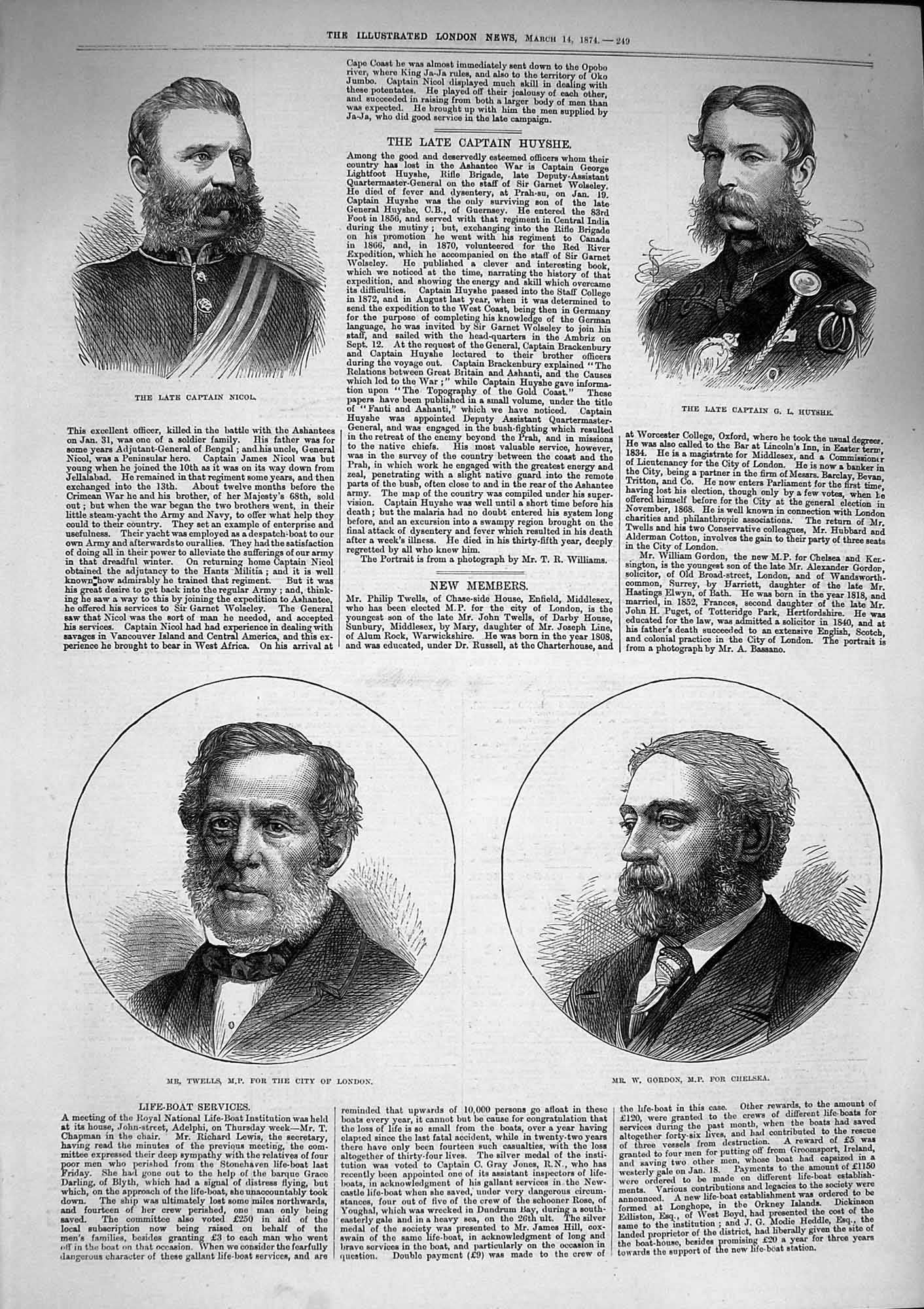 Old Antique Print 1874 Captain Nicol Huyshe Gordon Chelsea Twells London 19th
