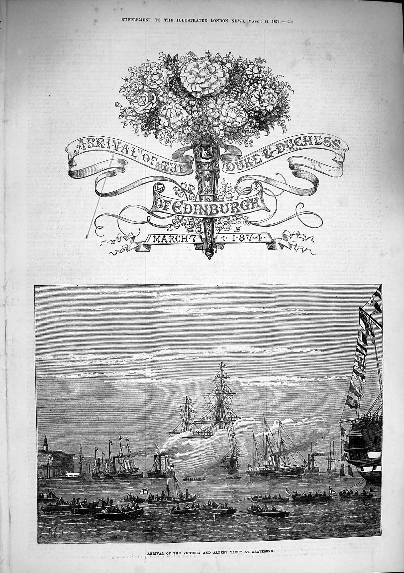 Original Old Antique Print 1874 Duchess Edinburgh Victoria Albert Ship Windsor